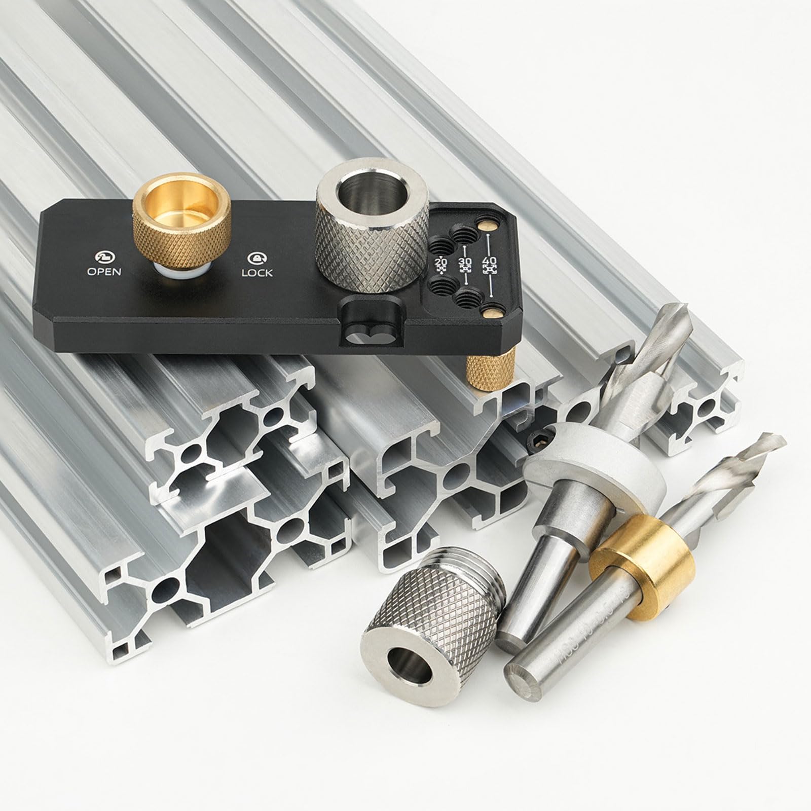 Bohrschablone, Selbstzentrierendes Bohrführung Stanzer Locator, Exakte Dübellöcher mit Aluminiumprofil Bohrer, Bohrhilfe Set für 2020, 2040, 3030, 3060 und 4040 nach Aluminiumprofile