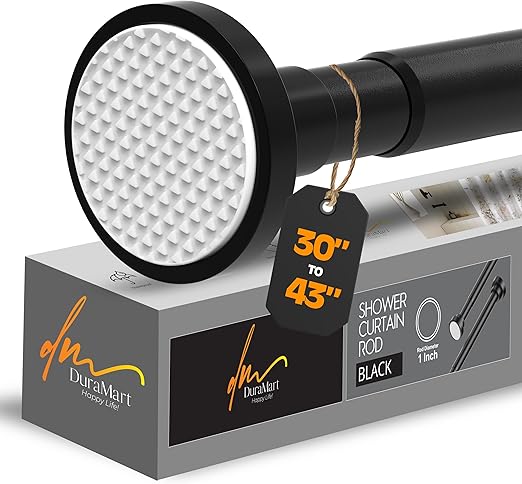 Black Shower Curtain Rod Spring Tension, Stainless Steel Tension Curtain Rods No Drilling Required, Rust Free Shower Rods for Bathroom, Non-Slip Shower Tension Rod, Adjustable Curtain Rod (30” - 43”)