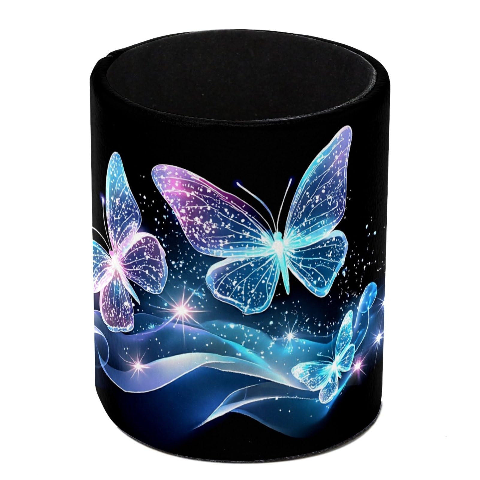 Luoweisi Blue Glitter Butterfly Pen Holder for Desk, Leather Pen Pot, Desk Pencil Holder Round Makeup Organiser Home Office School Suppliers