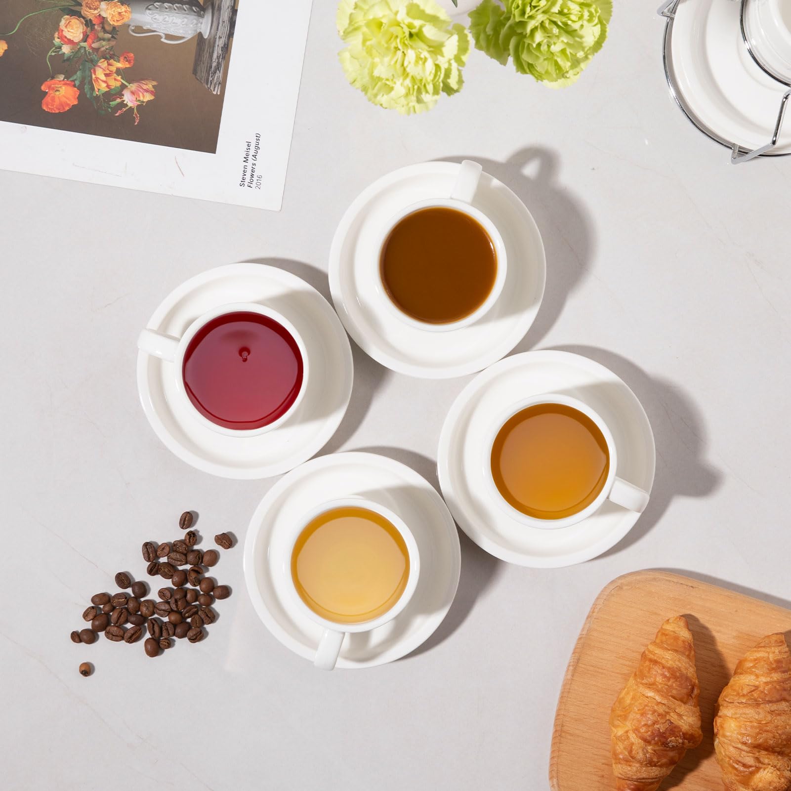 Sweejar Home Lot de 6 tasses à expresso et soucoupes empilables en porcelaine avec support en métal pour latte, café, moka, thé 120 ml (blanc)