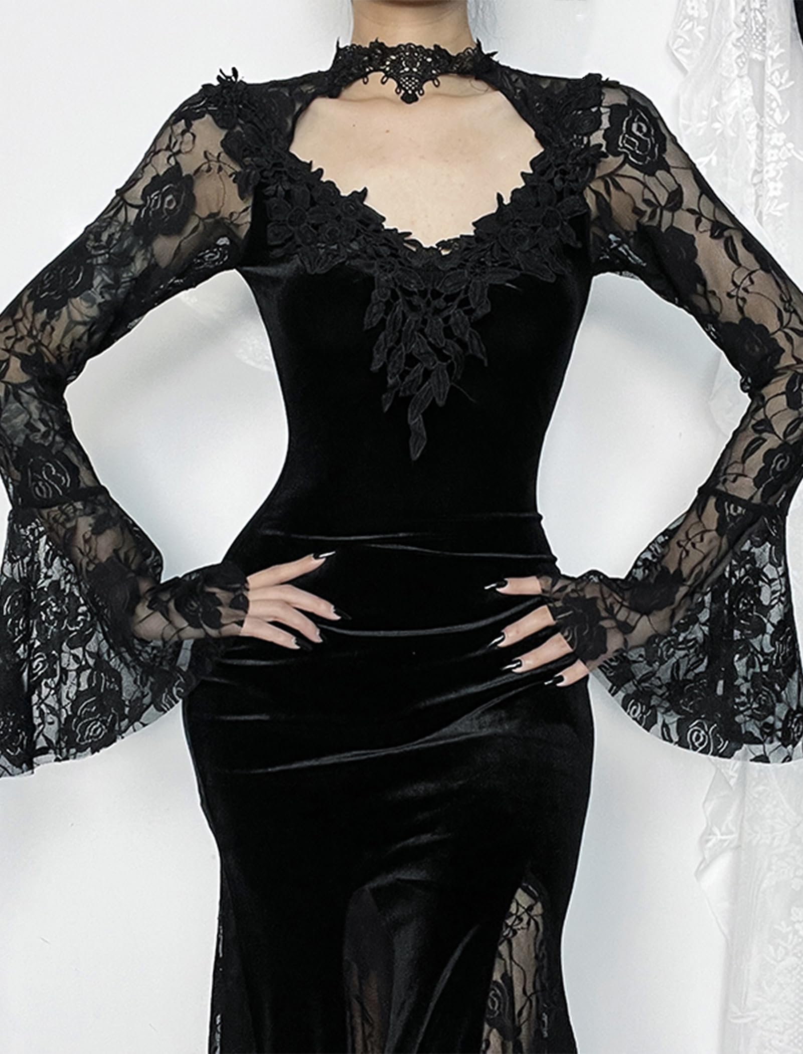 IBAKOM Mittelalter Kleidung Damen Vintage Gothic Kleid Renaissance Steampunk Kleid Festival Rave Outfit Samtkleid Spitzenkleid Abendkleid Vampir Cosplay Kostüm für Halloween Karneval Party