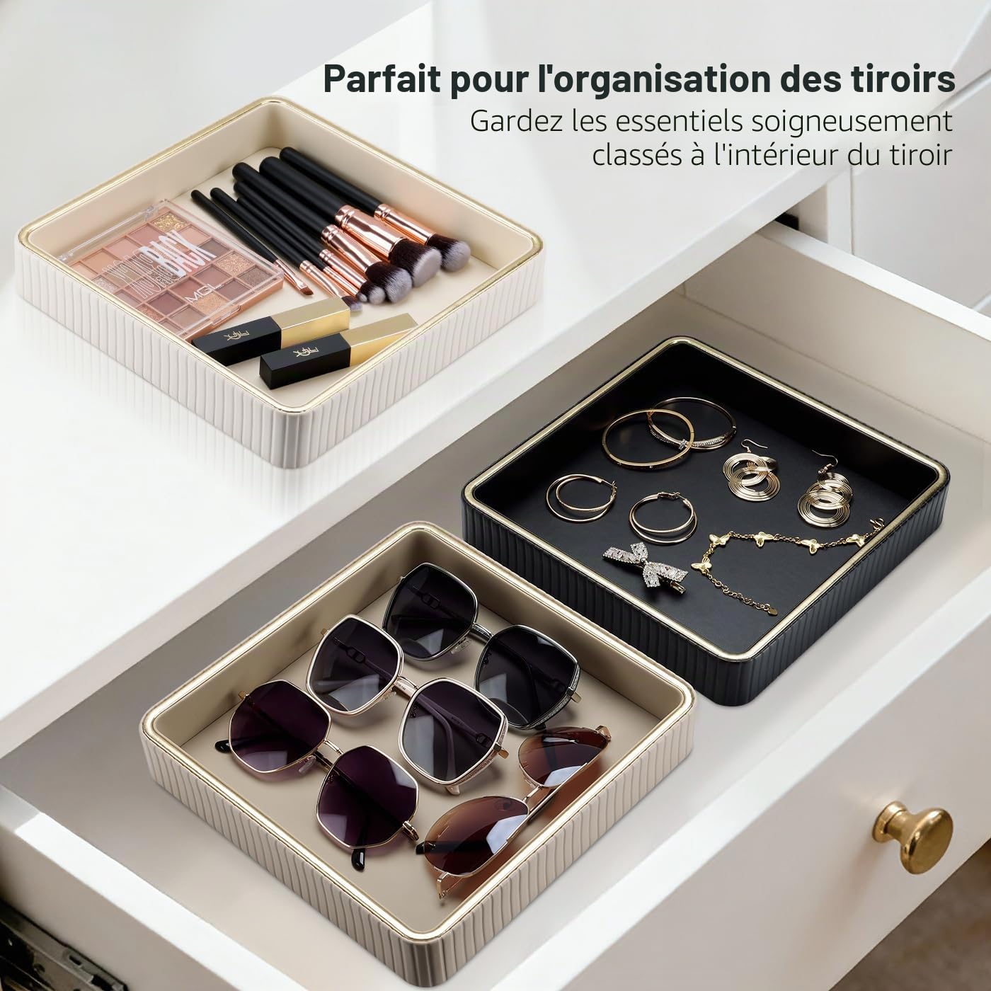 GORESE Plateau Vide Poche,Boîte a Bijoux en Cuir Plateau Decoratif pour Femmes Plateaux de Chevet Boîte de Rangement pour Clés,Montres,Parfums,Bijoux,Argent,Lunettes,Beauté,Boutons de Manchette(Blanc)