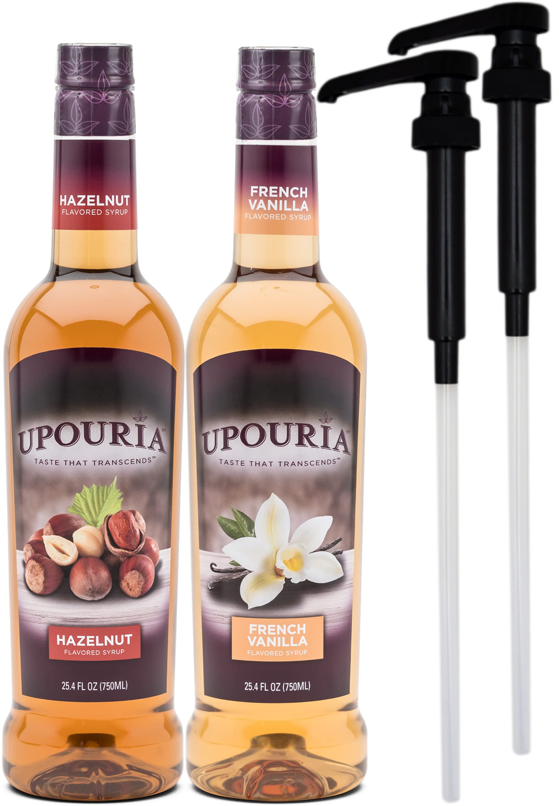 Upouria French Vanilla & Hazelnut Coffee Syrup Flavoring, 100% Vegan, Gluten Free, Kosher, 750 mL Bottle (Pack of 2) with 2 Coffee Syrup Pumps
