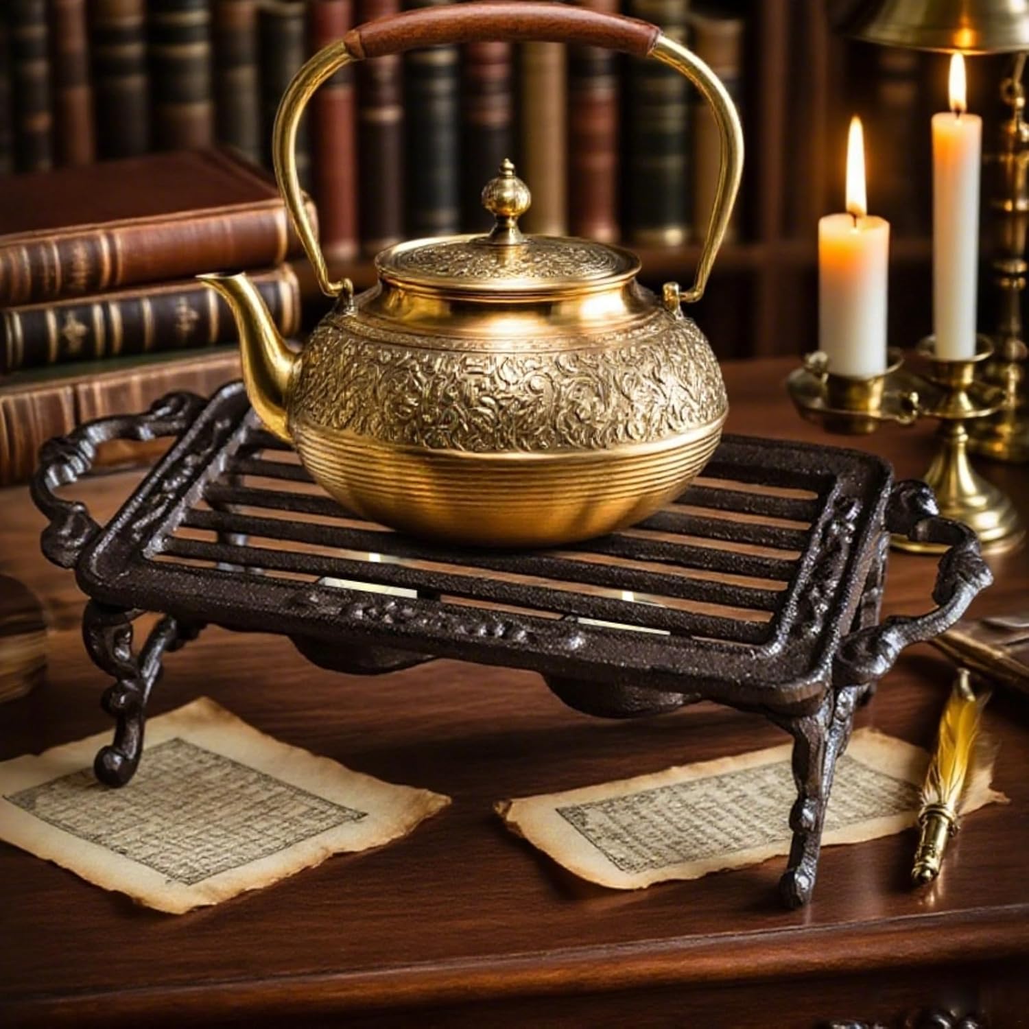 Warmer Teapot Vintage Rectangular, Design Hollow Pattern Cast Iron Tea Light Warmer, Feet Four Supportive Anti-Slip, Burner Alcoholic Or Candle Heated By