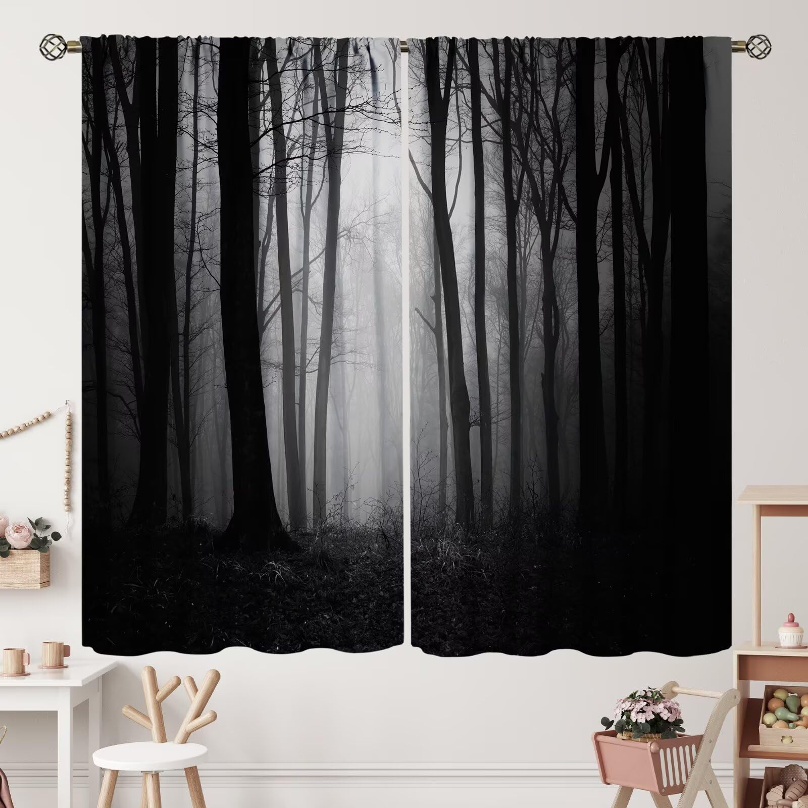 Dark Forest Curtains Gothic Style Scary Trees Woods Trough Foggy Mysterious Nature Blackout Rod Pocket Curtains for Bedroom Living Room Kitchen Decor Thermal Insulated Window Drapes 42x45 Inch