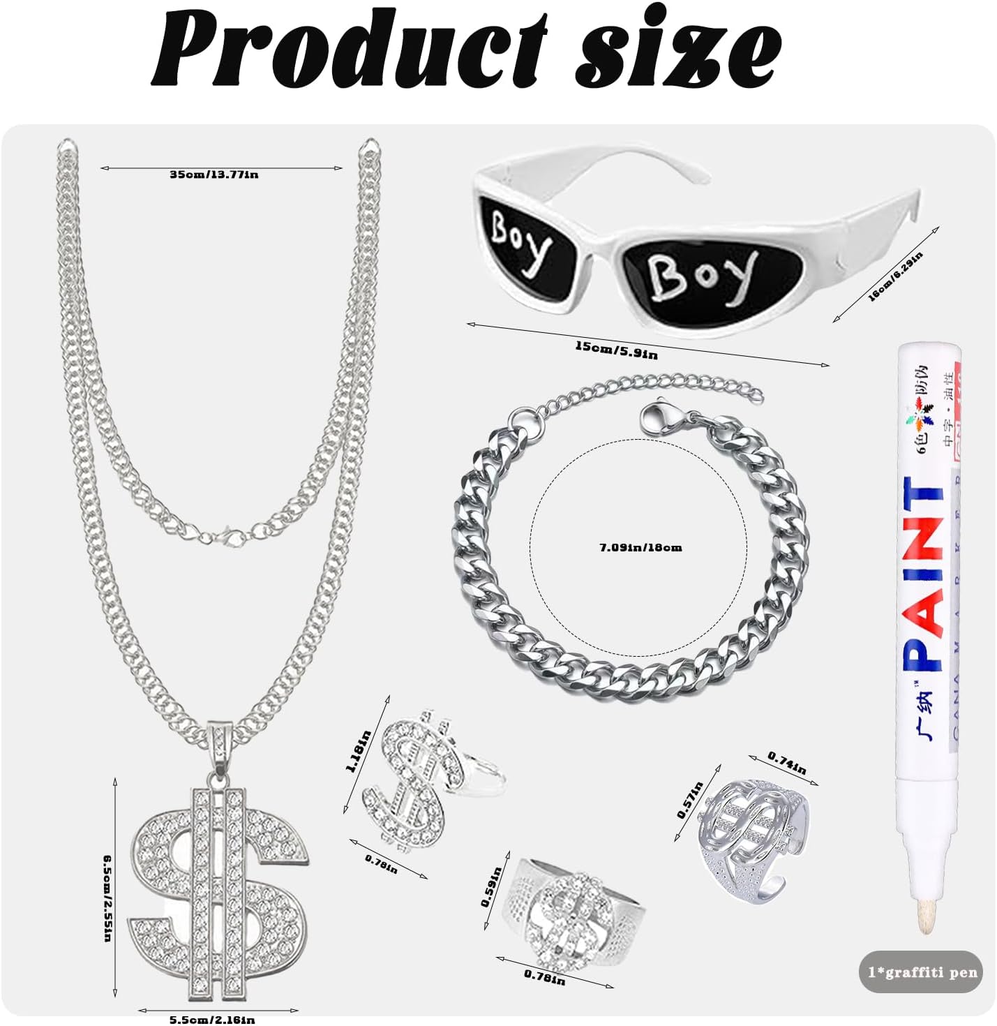 90S 80S Hip Hop Costumes Kit, 2000S Rapper Accessories, Fake Jewelry，Boys Necklace Dollar Ring Steampunk Glasses Adults