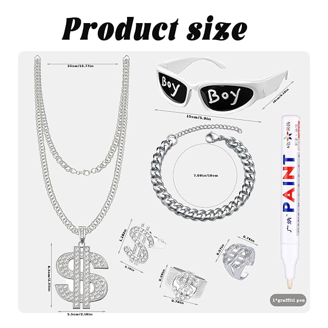Foto 2 de 7 de DTAOZFA 80/90s Accesorios de rapero, kit de disfraz de Hip Hop collar de dólares, disfraz año 2000