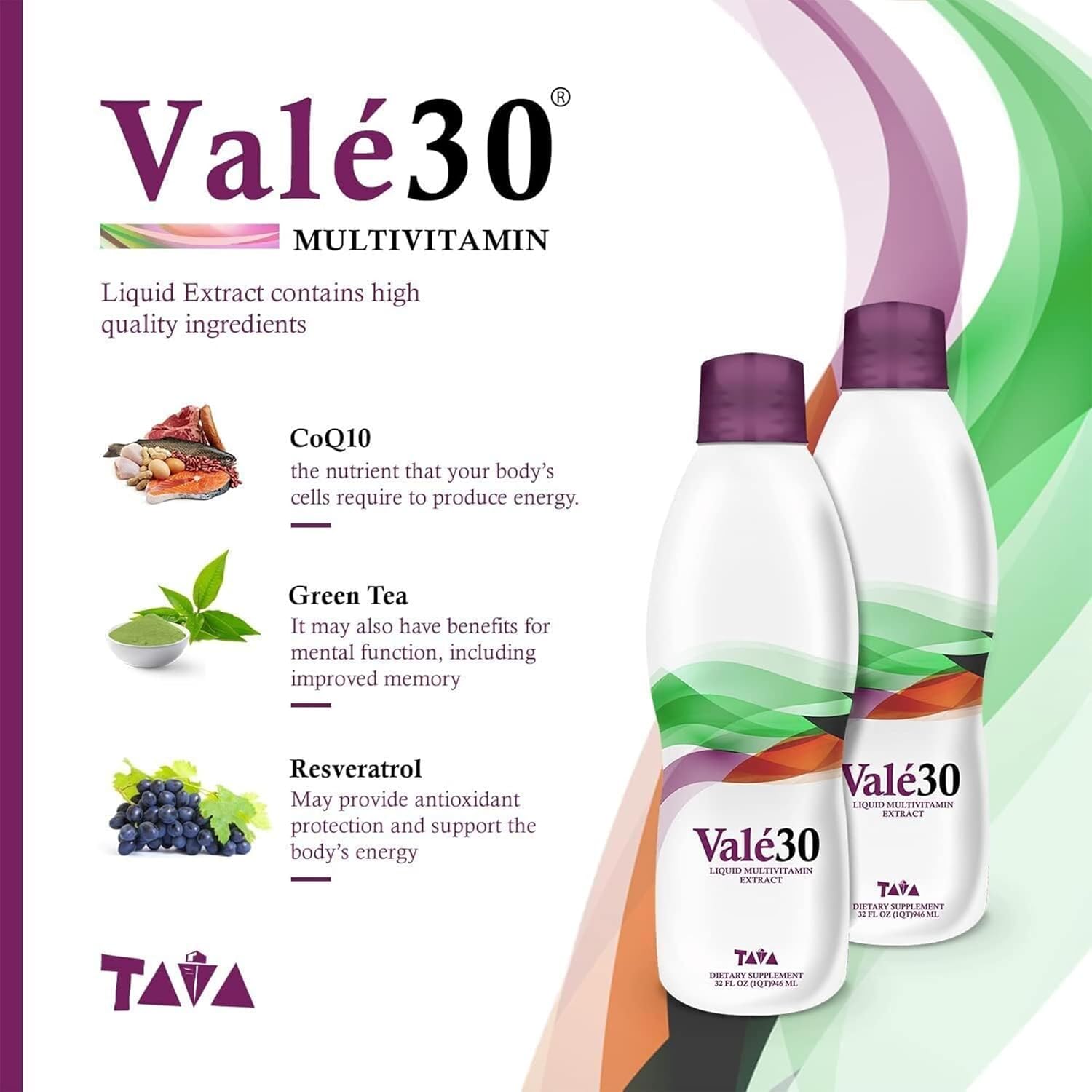 TAVA Valé30 - Liquid Multivitamin - 30-Day Supplement with Vitamin A and B Complex for Men, Women, and Family, Daily Boost Drink - 2 Bottles
