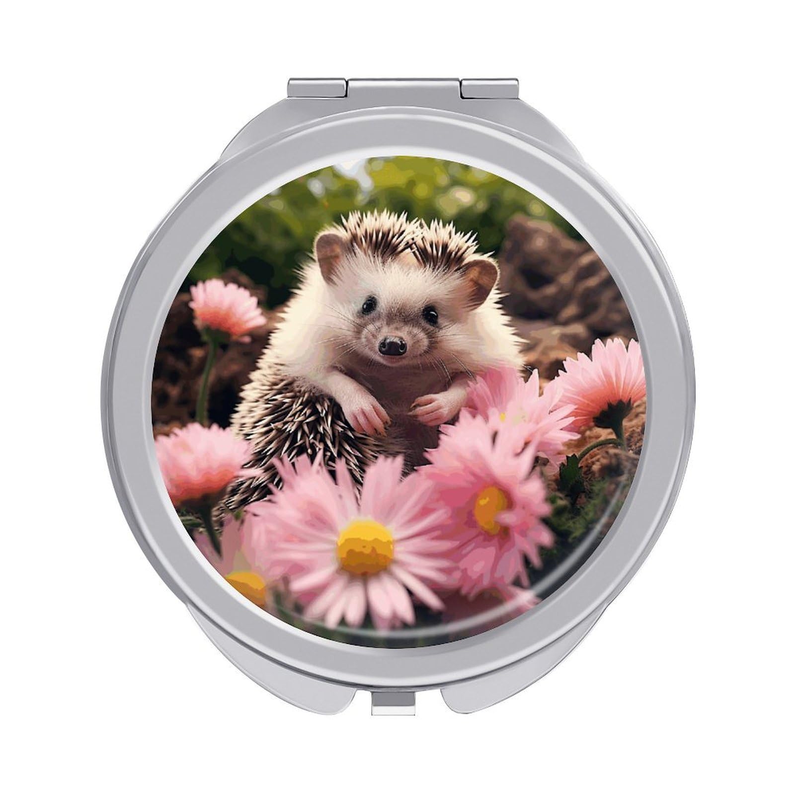 JTREHY Cute Hedgehog in Flowers Makeup Mirror Portable Folding Mirror Compact Travel Mirrors 2-Sided Round Pocket Mirrors Cute Handheld Beauty Mirror for Handbag Purse for Women Gift