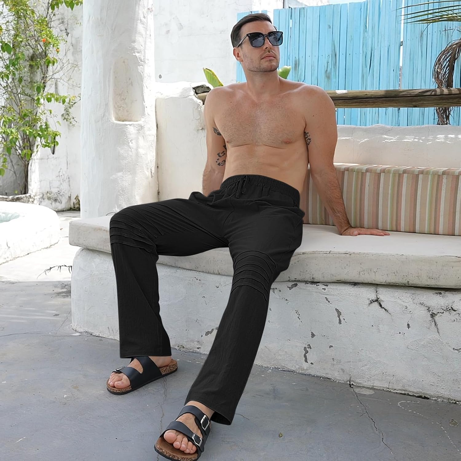 Mens Linen Pants Casual Beach Pants for Men Elastic Waist Drawstring Yoga Trousers with Pockets - Image 5