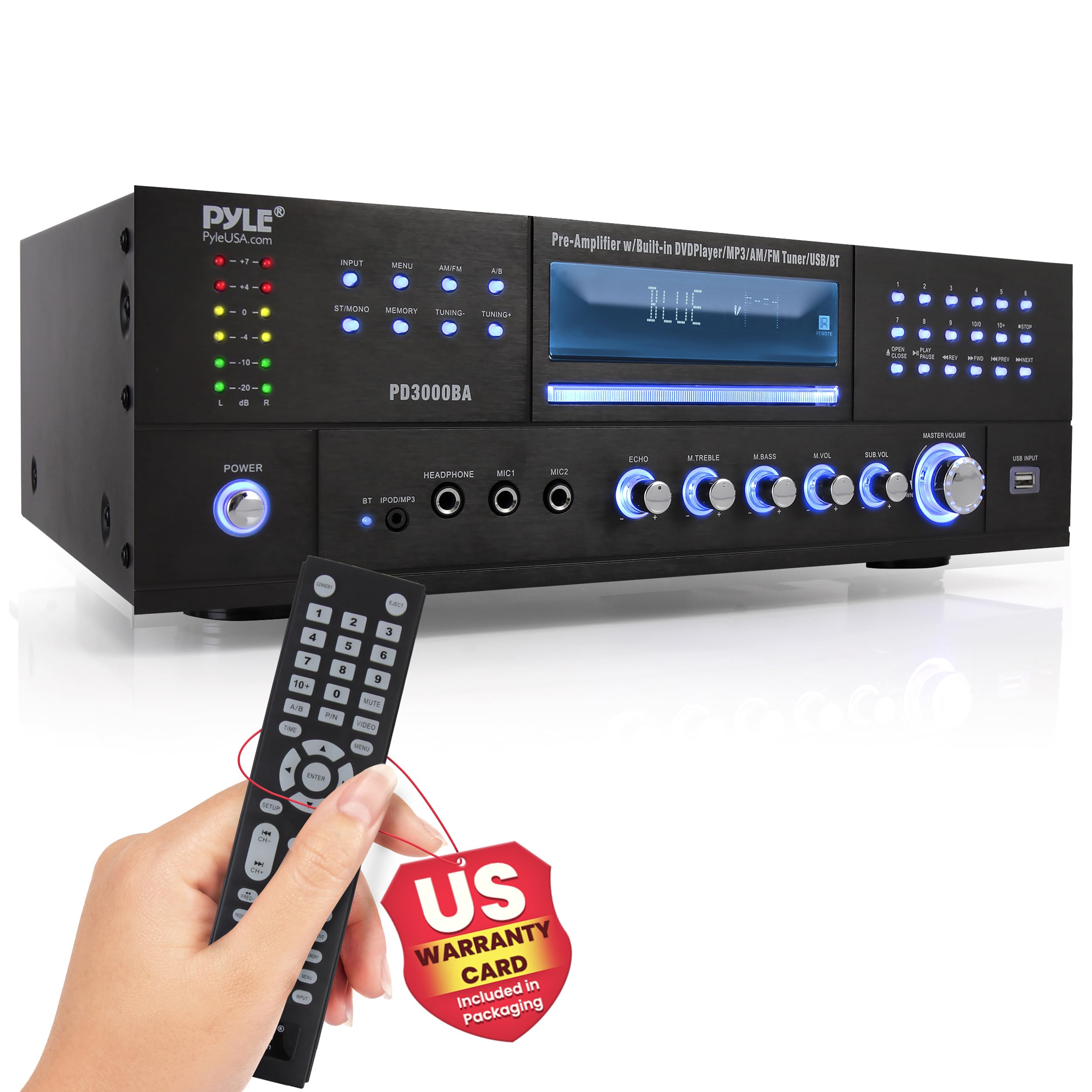 4 Channel Bluetooth Home Amplifier - Front Loading DVD/CD Player - 3000W Peak Stereo Receiver - 2 Mic Inputs w/ Echo, FM Radio,Optical In,USB,RCA,Composite, LED Level Meter, Rack Mount - PD3000BA