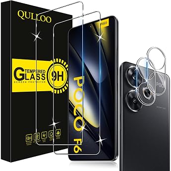 QULLOO Screen Protector for Xiaomi Poco F6 5G Pack of 2 Screen Protectors with 2 Camera Protection 9H Hardness Tempered Glass HD Clear Protective Glass Anti-Scratch Film