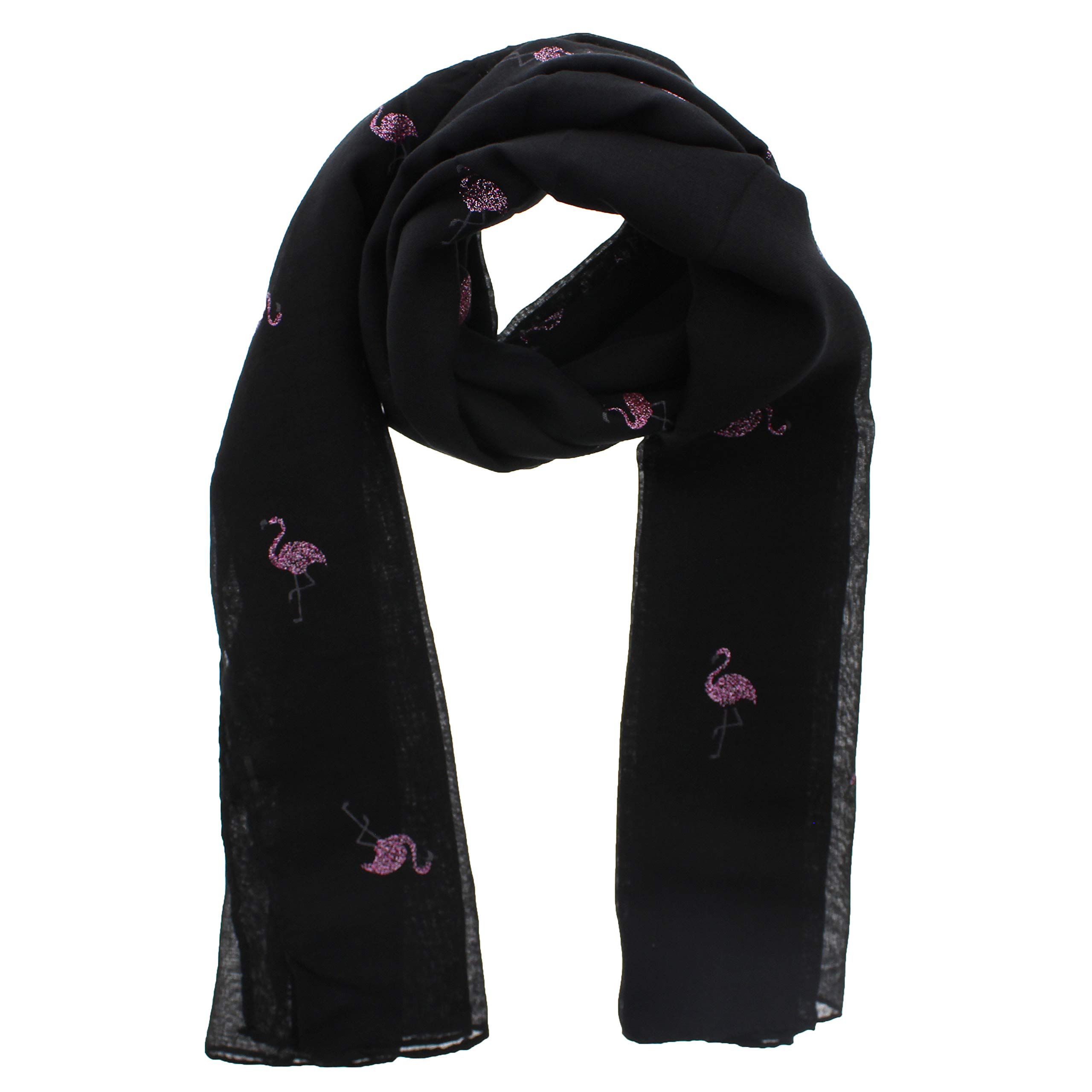 Zac's Alter Ego Women's Black Long Lightweight Scarf With Pink Glitter Flamingoes