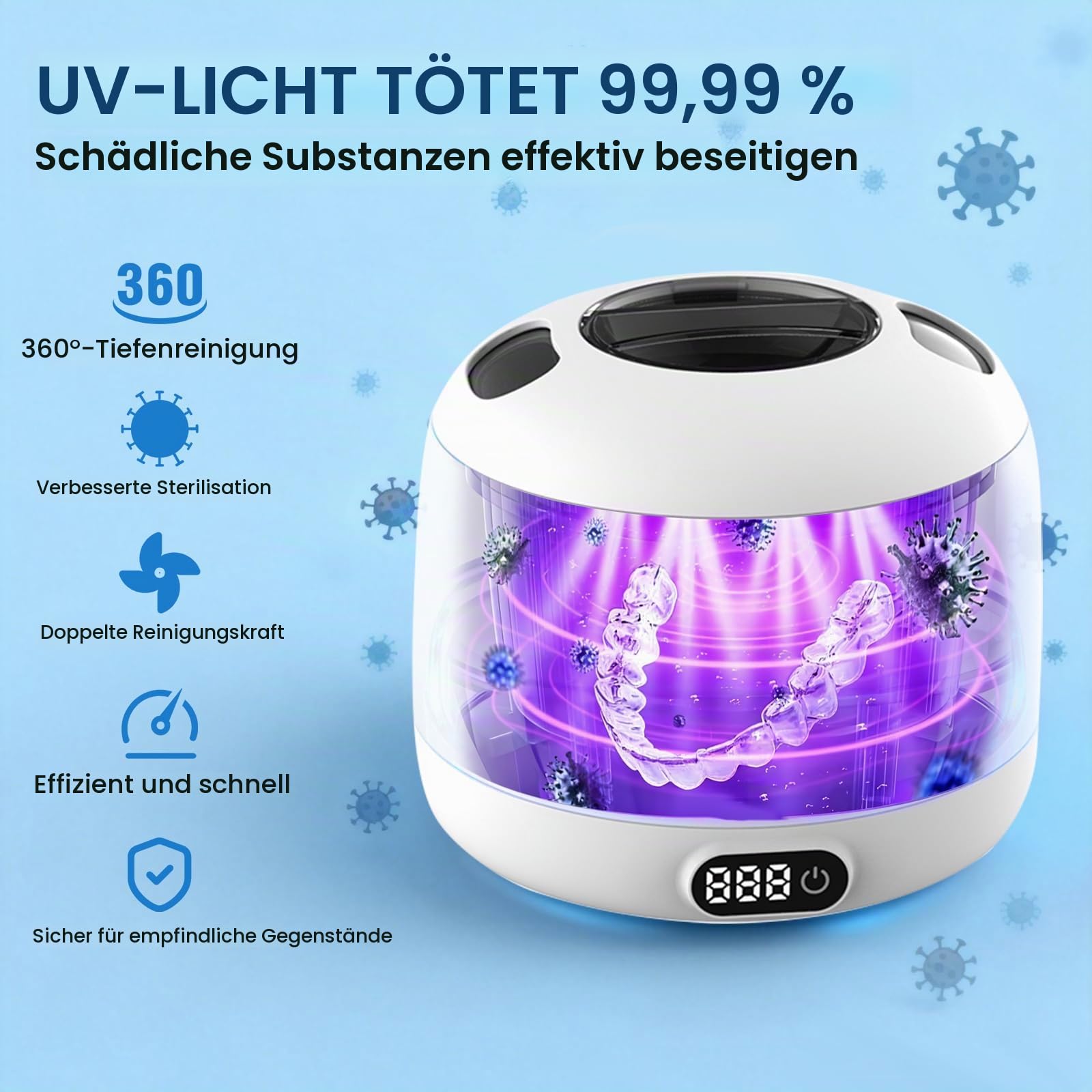 Ultraschallreinigungsgerät 45000Hz UV Ultraschallreiniger 220ML - Dental Pod für Zahnschiene, Zahnersatz, Retainer, Aligner, Prothesen & Schmuck | 4 Modi | herausnehmbarer Behälter |