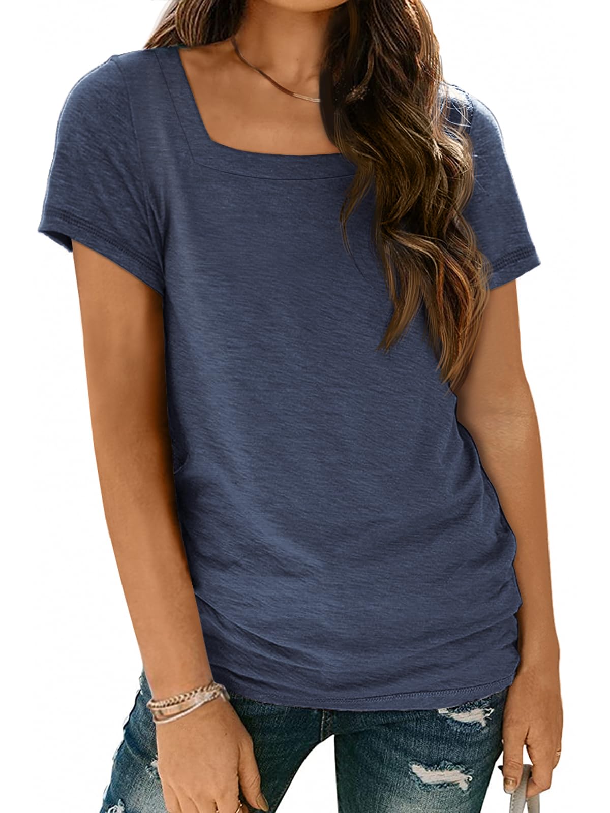 AUTOMETWomens Tops Casual Spring Summer Tshirts 2025 Short Sleeve Square Neck Basic Tee Outfits