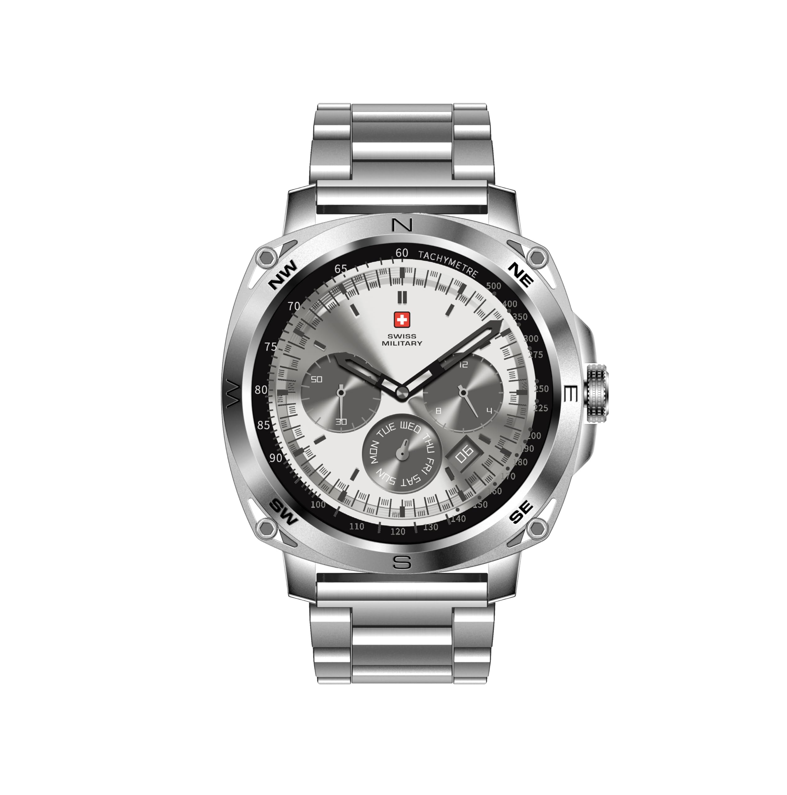 Swiss Military DOM4 Smartwatch 1.43" AMOLED, Bluetooth Calling, Multi Language, Health & Sports Tracking, Wireless Charging, 7 Days Battery, IP67, iOS/Android Compatible, Silver Frame with Steel Strap