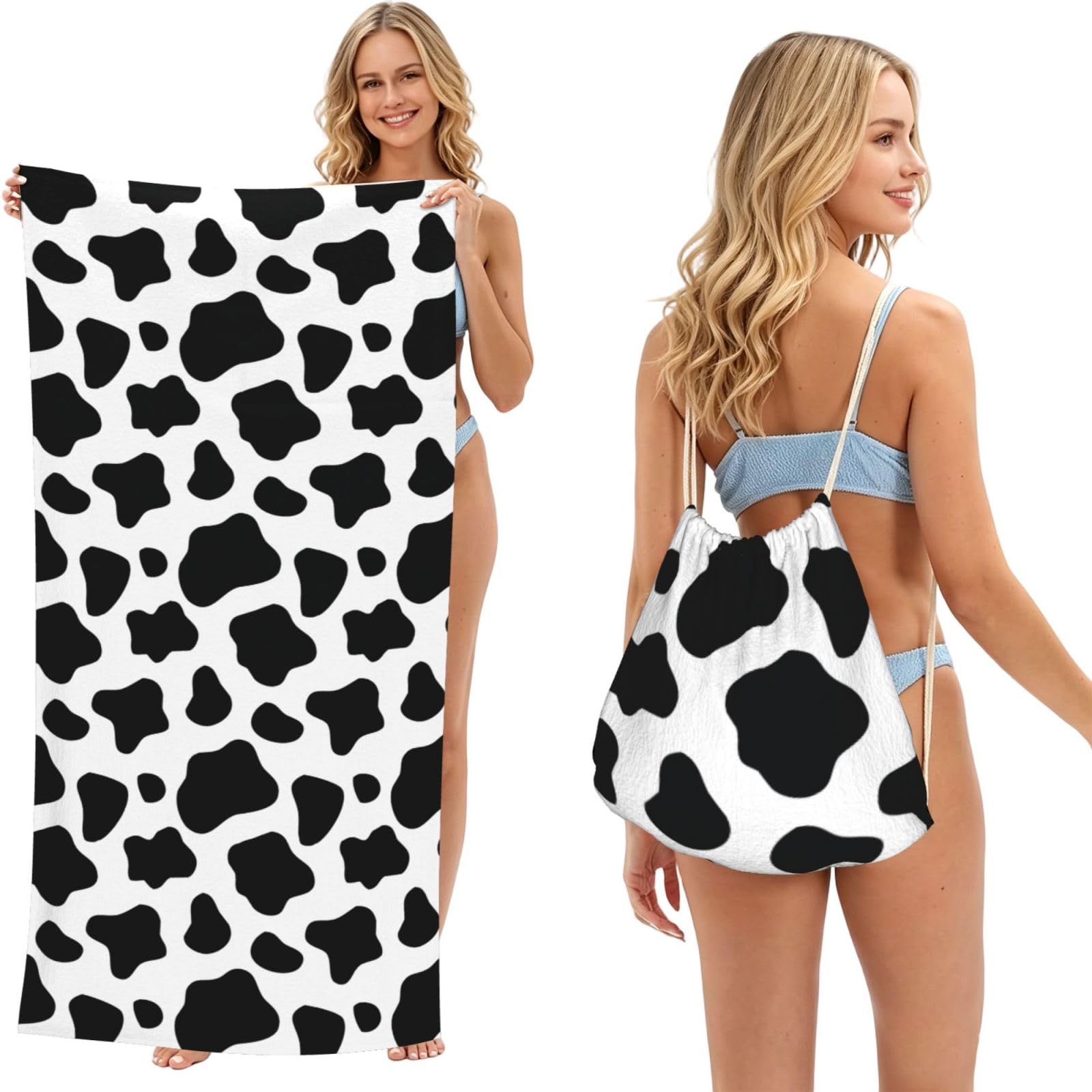 Poadnly As Picture Cow, 2 In 1 Packable Towel Bag, Beach Towels With Drawstring Backpack For Travel Holiday Camping