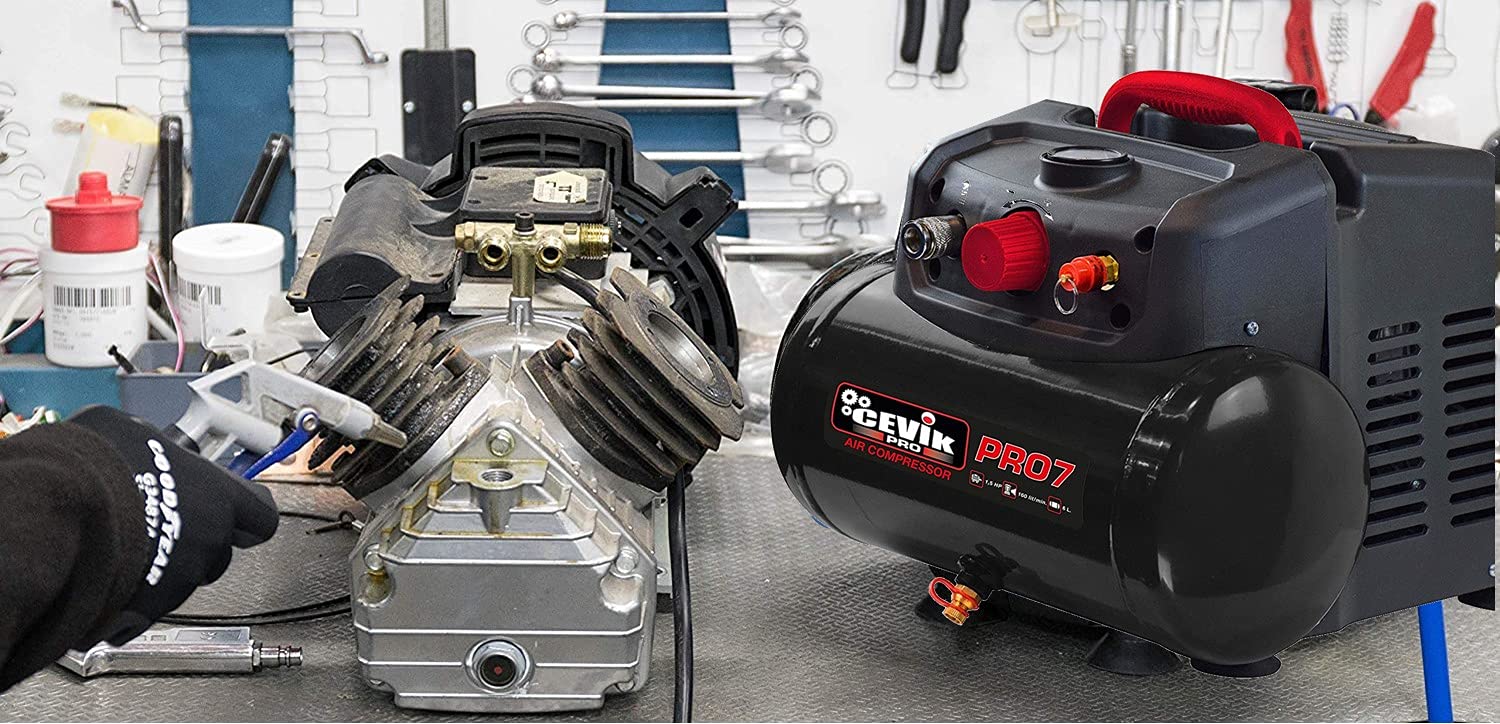 CEVIK PRO - CA-PRO7N - Compressore Aria Portatile Monoblocco - 75 dB - 6L - 1.5HP - Max 8 Bar - 160 l/min - Senza Olio - Compatto e Portatile - Compressore Pittura e Aria Compressa