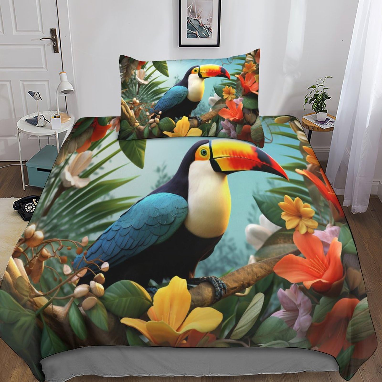 Housse de couette perroquet 3D en microfibre 135x200 cm avec taie d'oreiller pour lit enfant