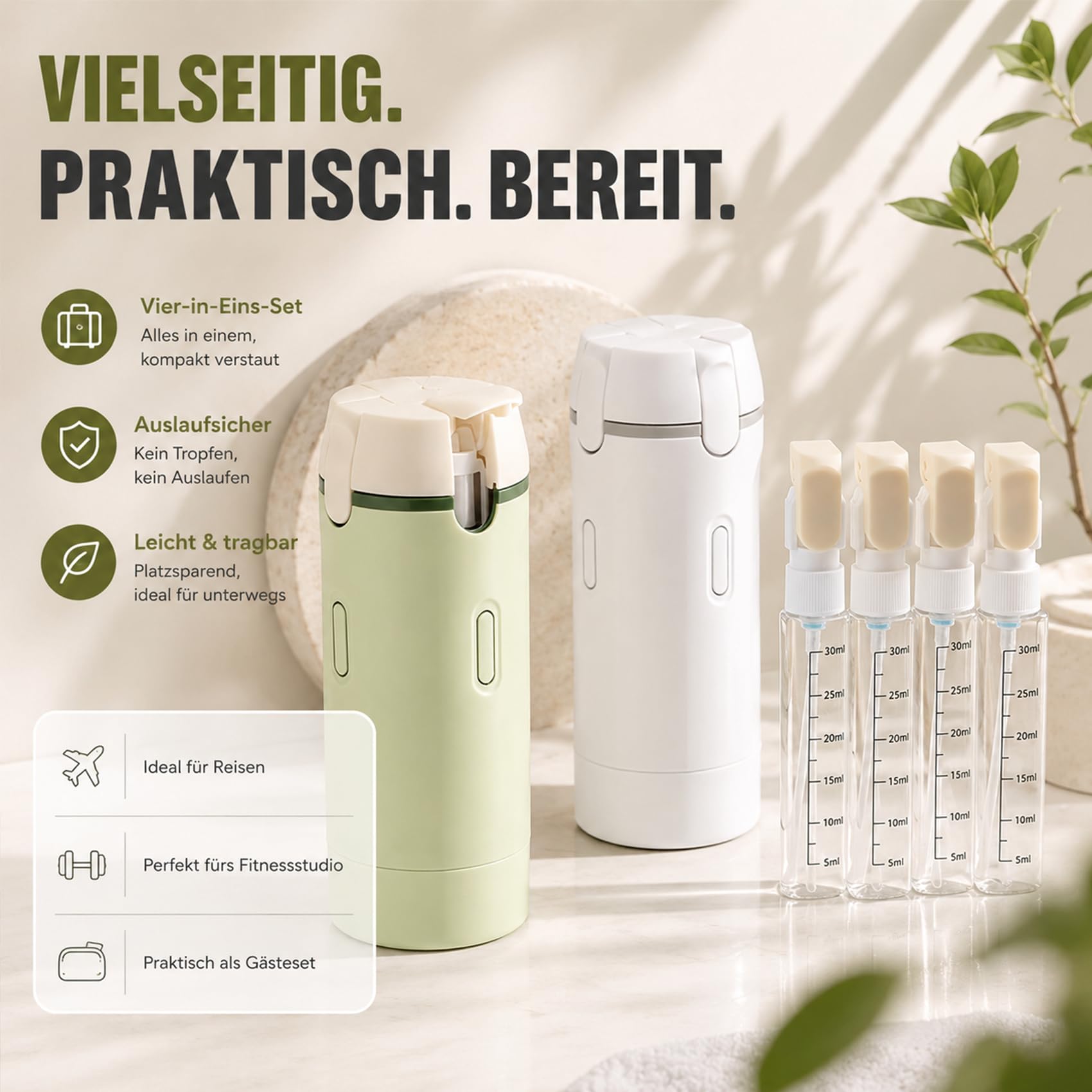 Mycleanvo Spender, Cleanvo 4-In-1 Reise- & Gym-Spender, My Cleanvo Auslaufsicheres Reiseflaschen-Set Mit Skalierung und Etikett, Die Ideale Wahl für Reisen und Fitness (Weiß)
