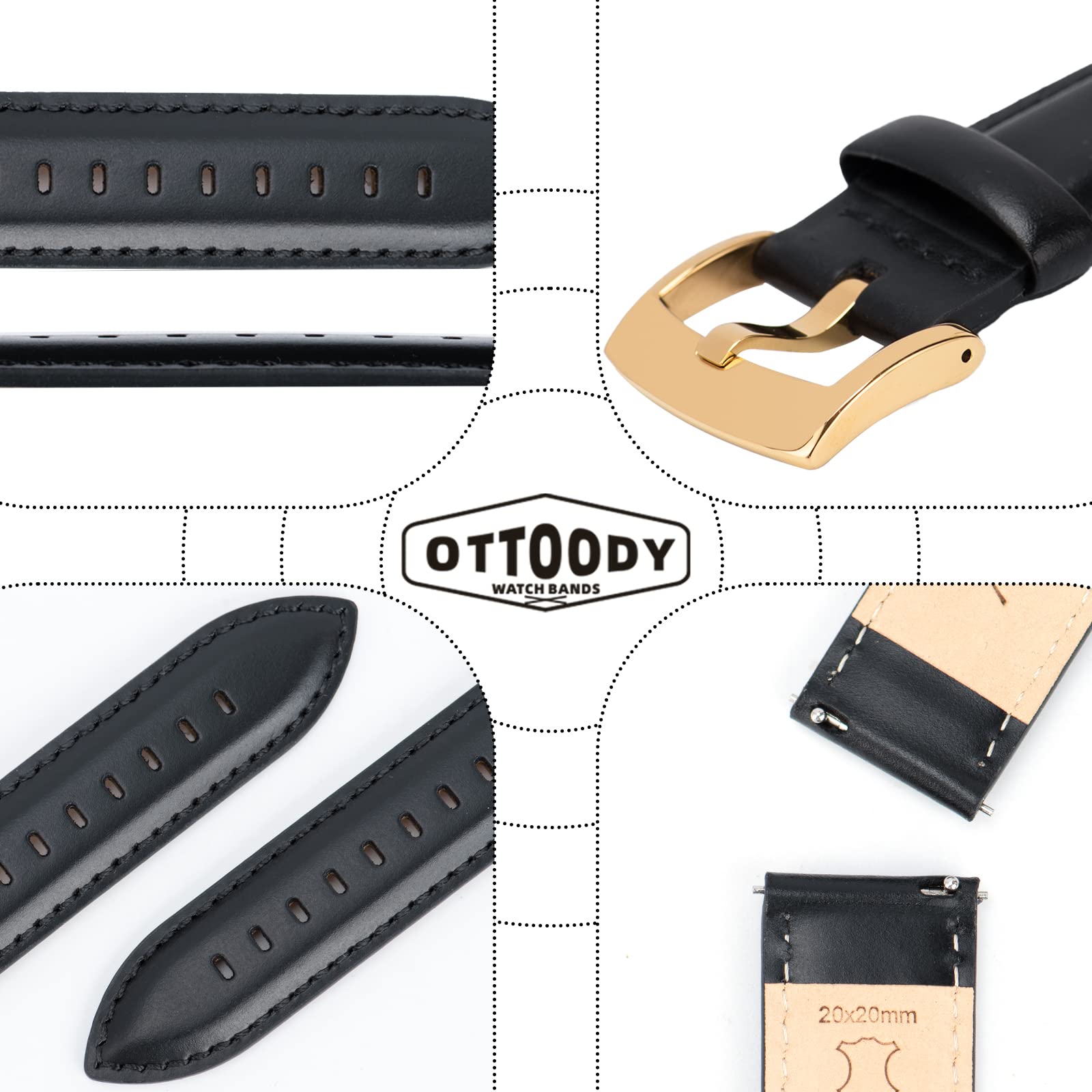 OTTOODY Uhrenarmband aus Leder mit Schnellentriegelung, 18 mm, 20 mm, 22 mm, elegantes genarbtes Lederarmband für Damen und Herren