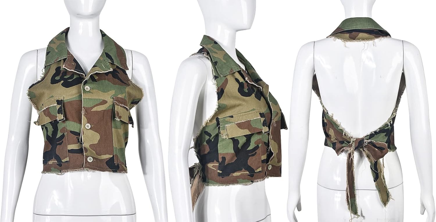 LETSVDO Women's Sexy Camo Halter Vest Backless Sleeveless Lapel V Neck Button Down Jean Crop Tank Top - Image 6
