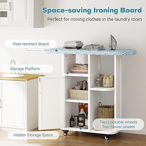Miniatura 3 de Tabla de planchar rodante con armario de almacenamiento, mesa de planchar pequeña con almohadilla fija resistente al calor, mesa de manualidades con