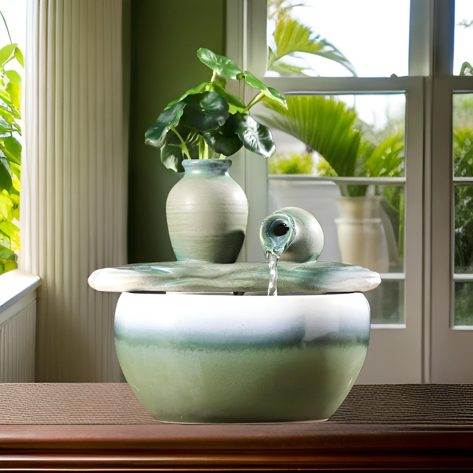 Fuente de mesa con acuario decorativo, fuente de agua con cascada, de cerámica, diseño de pez, con acuario decorativo, bomba de agua, Zen, decoración para salón, oficina, jardín, 21 x 18 x 19 cm, Azul