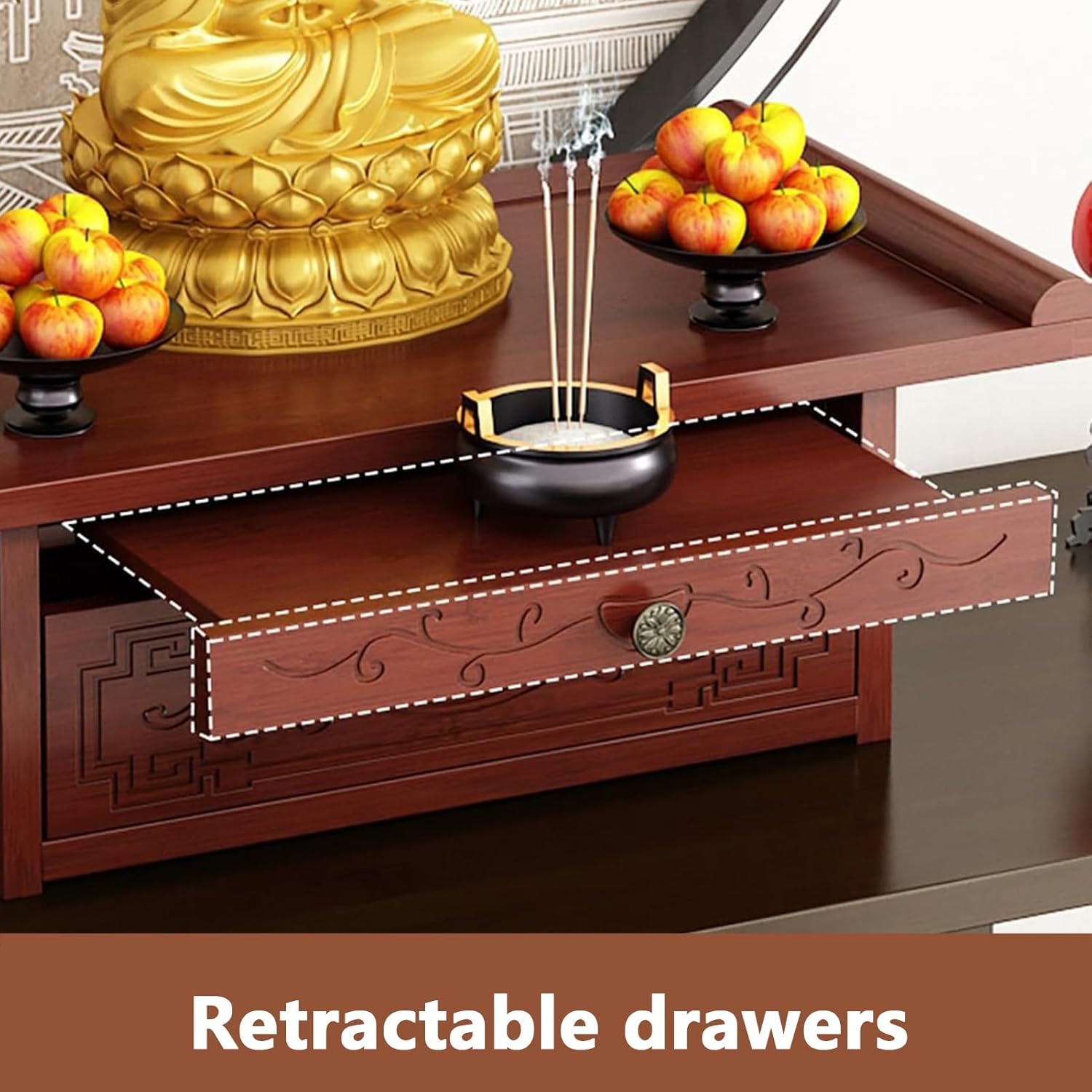 Buddha Altar Table Shrine Cabinet, Meditation Prayer Table, Meditation Tables with Retractable Shelf and Drawer, Bamboo Altar Cabinet for Prayers Divination(50cm/19.6in)