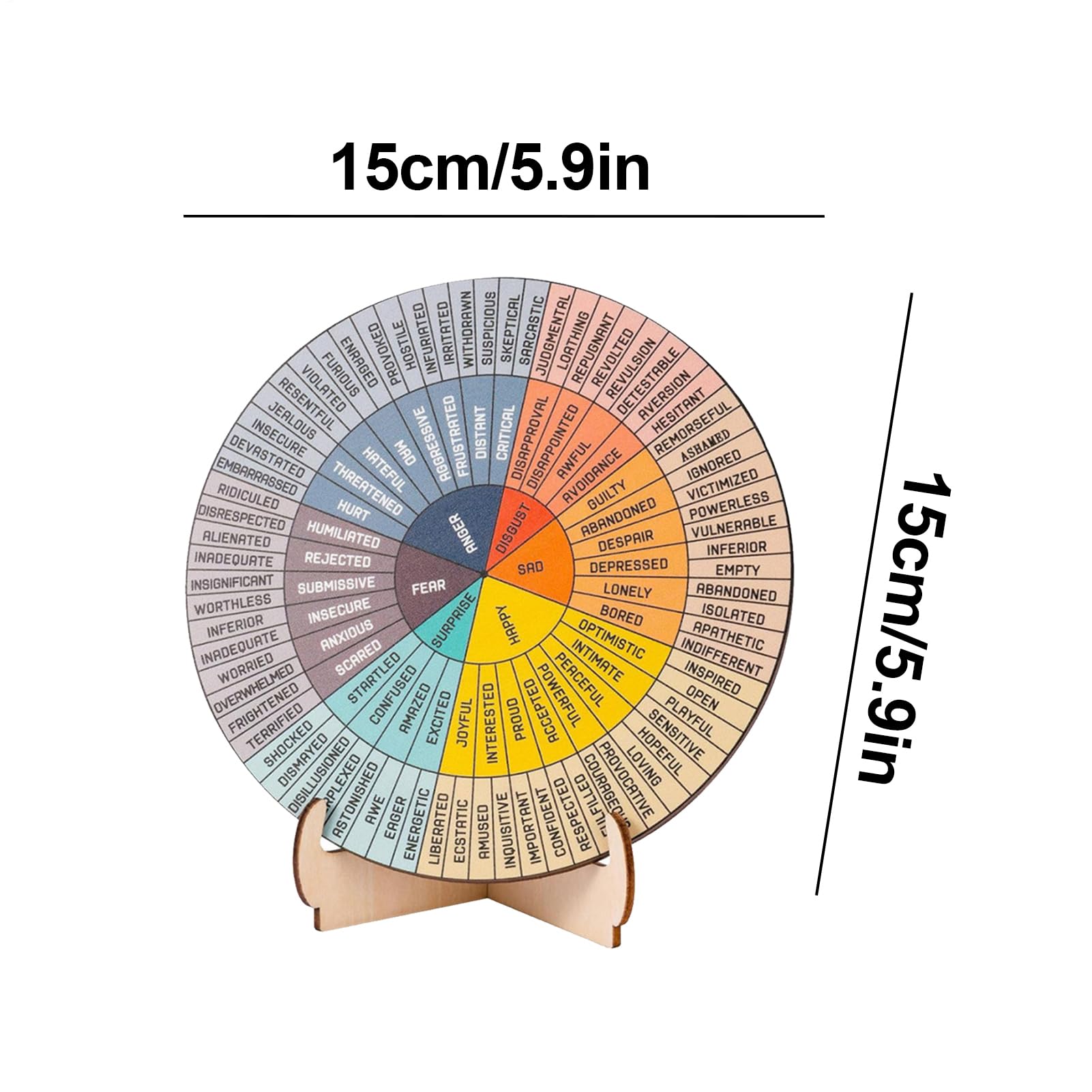 Feelings Wheel With Stand – Tableau d'humeur rond en bois, affichage des émotions double face | Aide visuelle en bois avec indicateur d'émotion, outil de bureau therpi, de l'humeur quotidienne