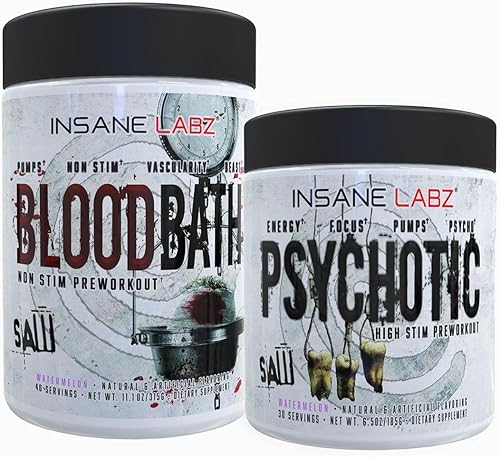 Miniatura 1 de Insane Labz Psychotic Saw y Bloodbath - Pila de refuerzo de óxido nítrico, aumenta la masa muscular, vascularidad, fuerza, energía, enfoque (sandía,