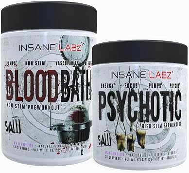 Insane Labz Psychotic Saw and Bloodbath Pre Workout Nitric Oxide Booster Stack, Increase Muscle Mass, Vascularity, Strength, Energy, Focus Watermelon, 30 Servings