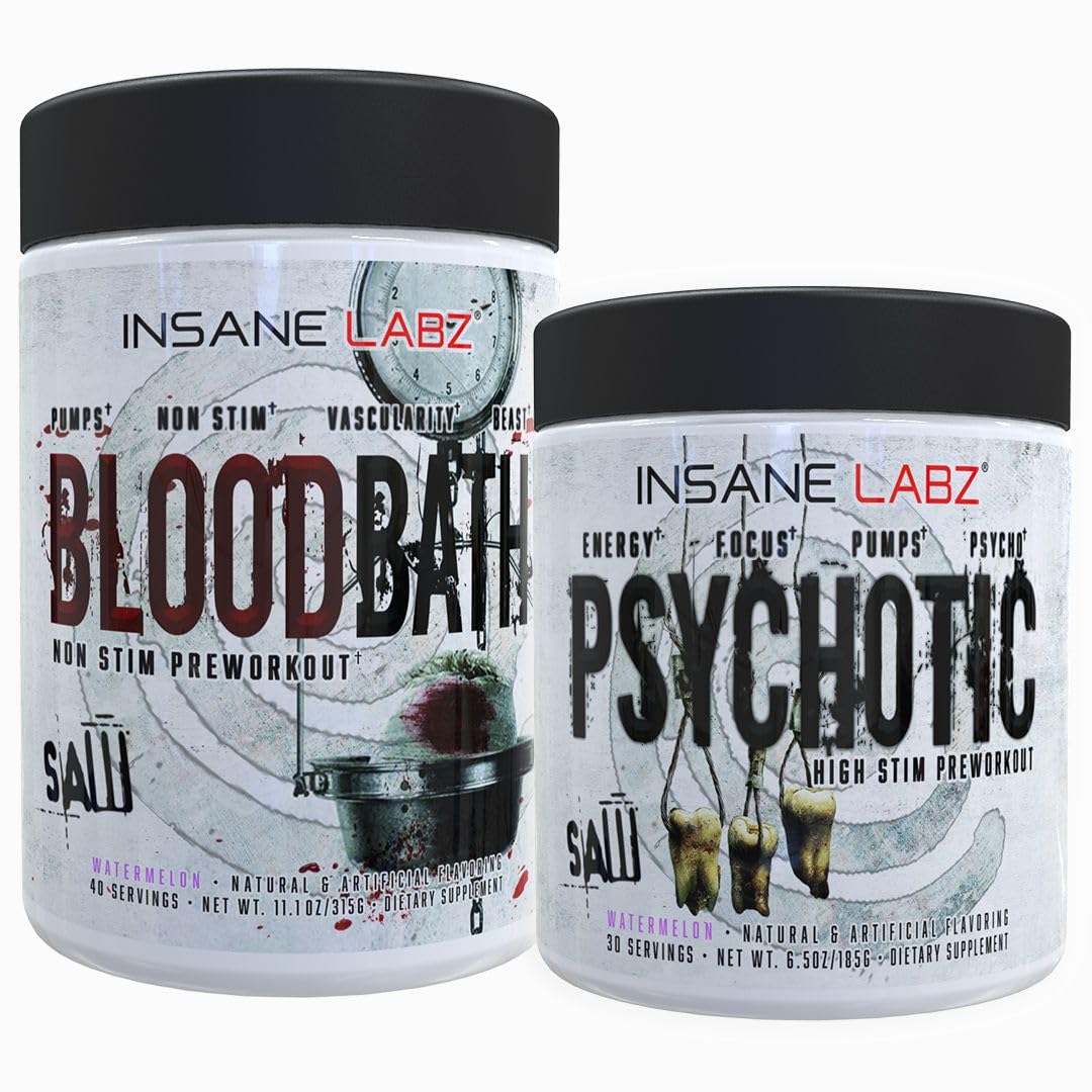 Insane Labz Psychotic Saw® and Bloodbath Pre Workout Nitric Oxide Booster Stack, Increase Muscle Mass, Vascularity, Strength, Energy, Focus (Watermelon, 30 Servings)