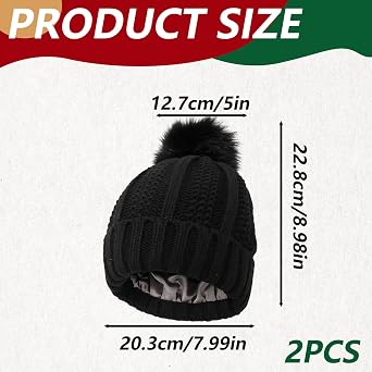 2PCS Satin Lined Beanie, Satin Lined Hat, Silk Lined Beanie for Women, Warm Winter Wooly Bobble Hat with Soft Inner Lining for Cold Weather Style and Protection. Black