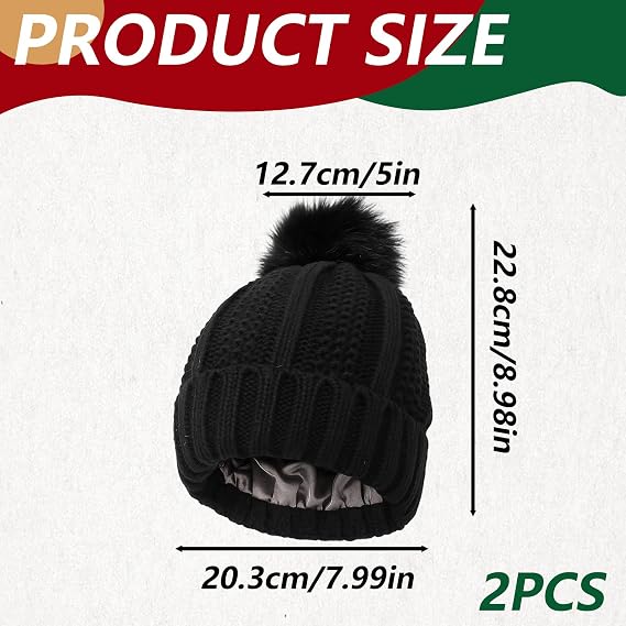 2PCS Satin Lined Beanie, Satin Lined Hat, Silk Lined Beanie for Women, Warm Winter Wooly Bobble Hat with Soft Inner Lining for Cold Weather Style and Protection. Black