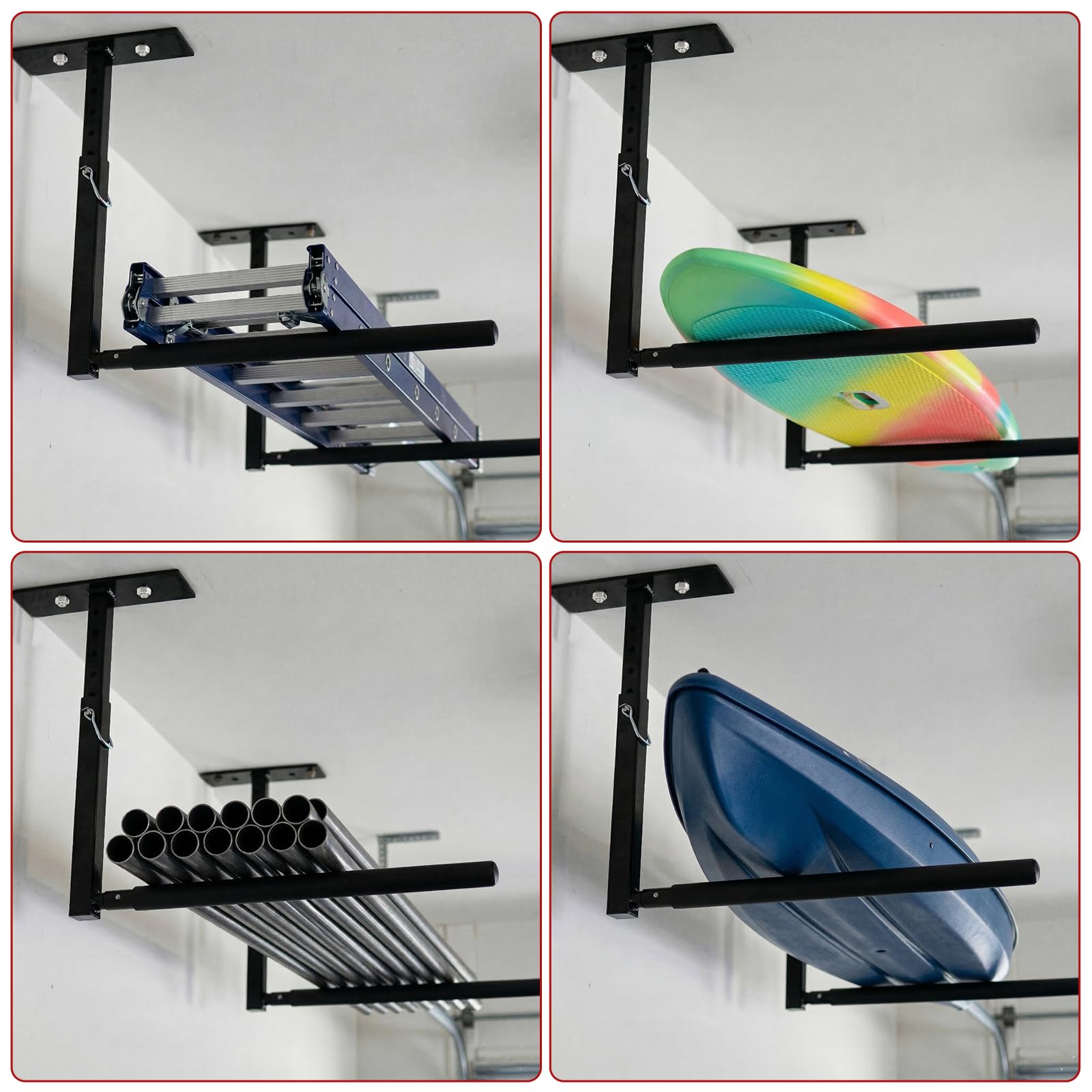 Deckenregal Hängeregal Höhenverstellbarer,2 Stück Verstellbares Überkopfleiterregal,dachbox wandhalterung aus Metall,Hängevorrichtung Tragkraft 40kg für Garage Decke Leiter Kajak,Schwarz