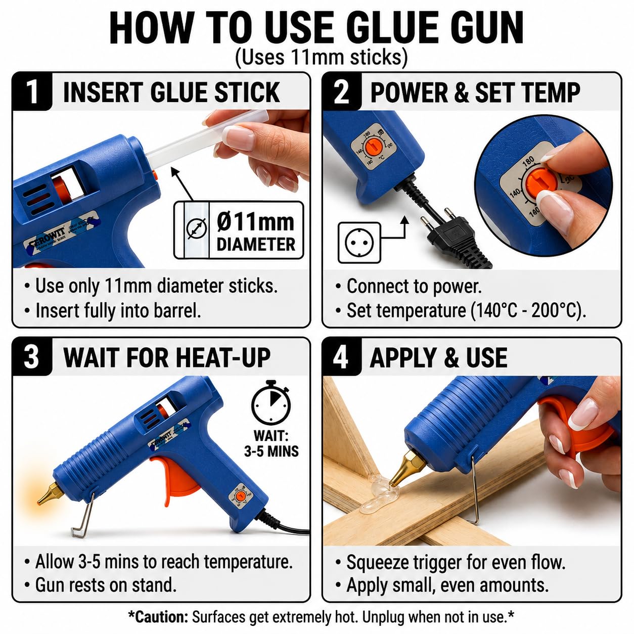 Crown 150W Heavy Duty Glue Gun with Temperature Control Regulator & Thin Nozzle for Precise Glue Output (DIY & Professional Use) + 5 Glue Sticks - CR-150 4
