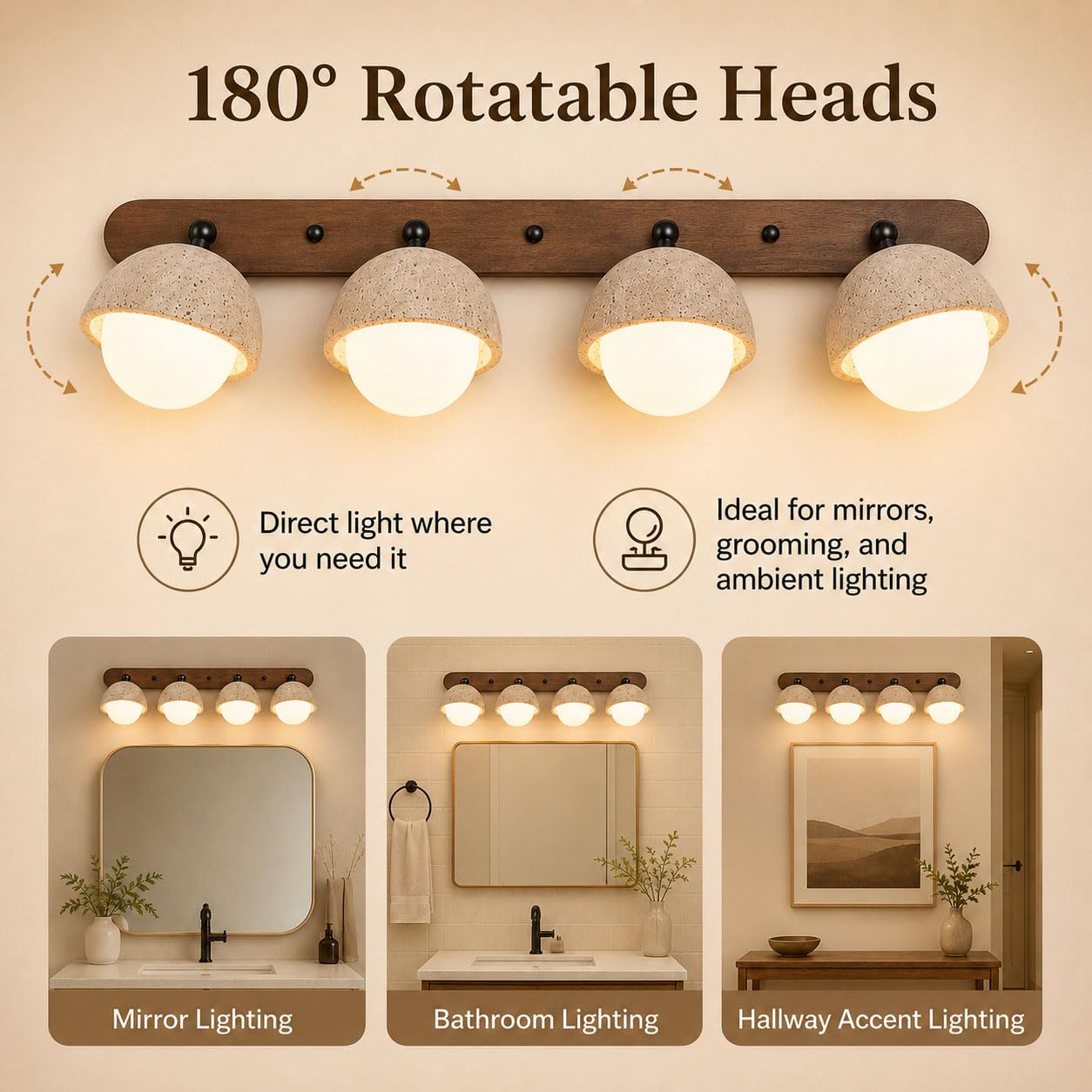 Applique Murale LED en Travertin, Lampe de Miroir Salle de Bain