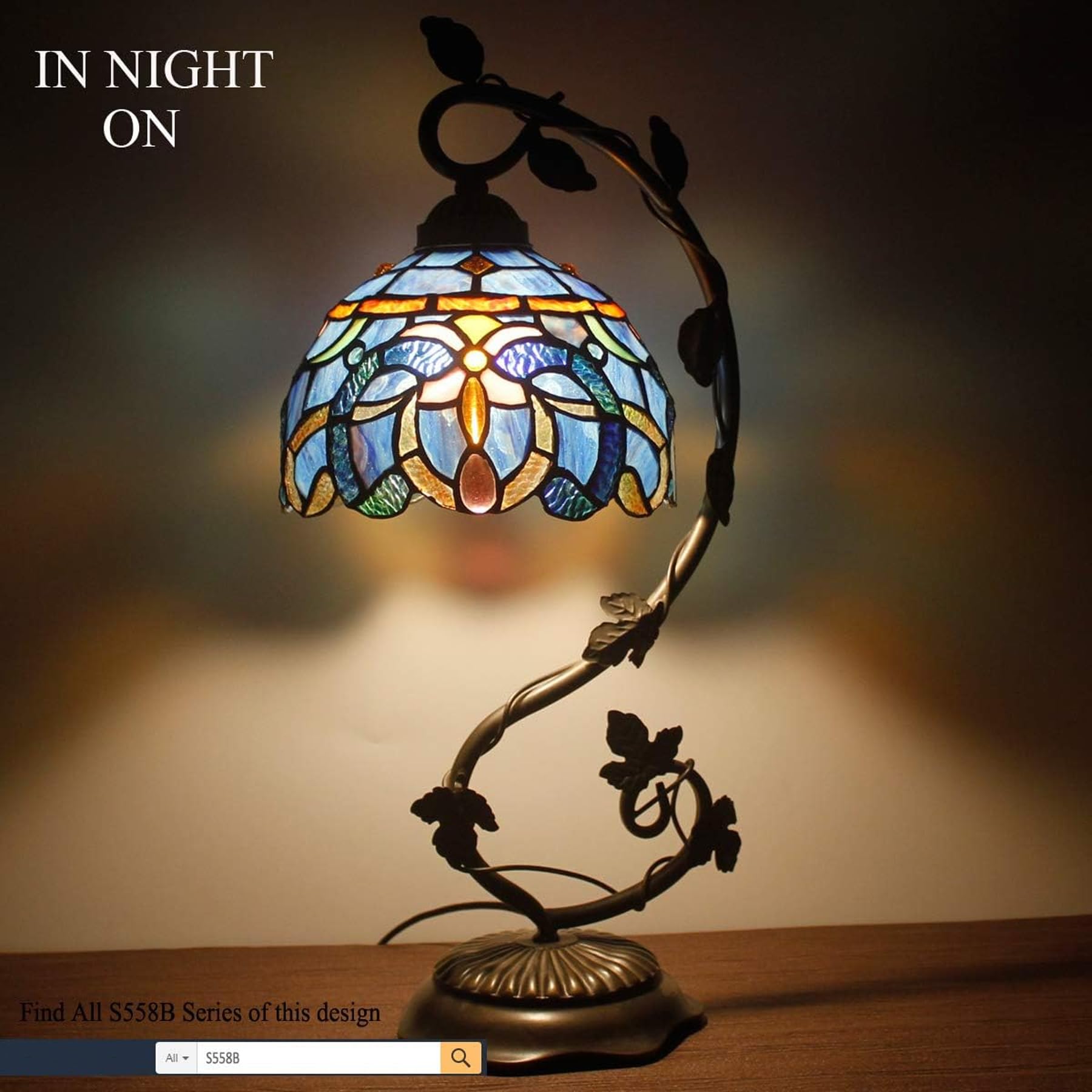 WERFACTORY Tiffany Lamp - Lámpara de mesa de cristal azul nublado, base de hoja de metal, 8 x 10 x 21 pulgadas, luz de escritorio de lectura, decoración de espacio pequeño, mesita de noche, dormitorio