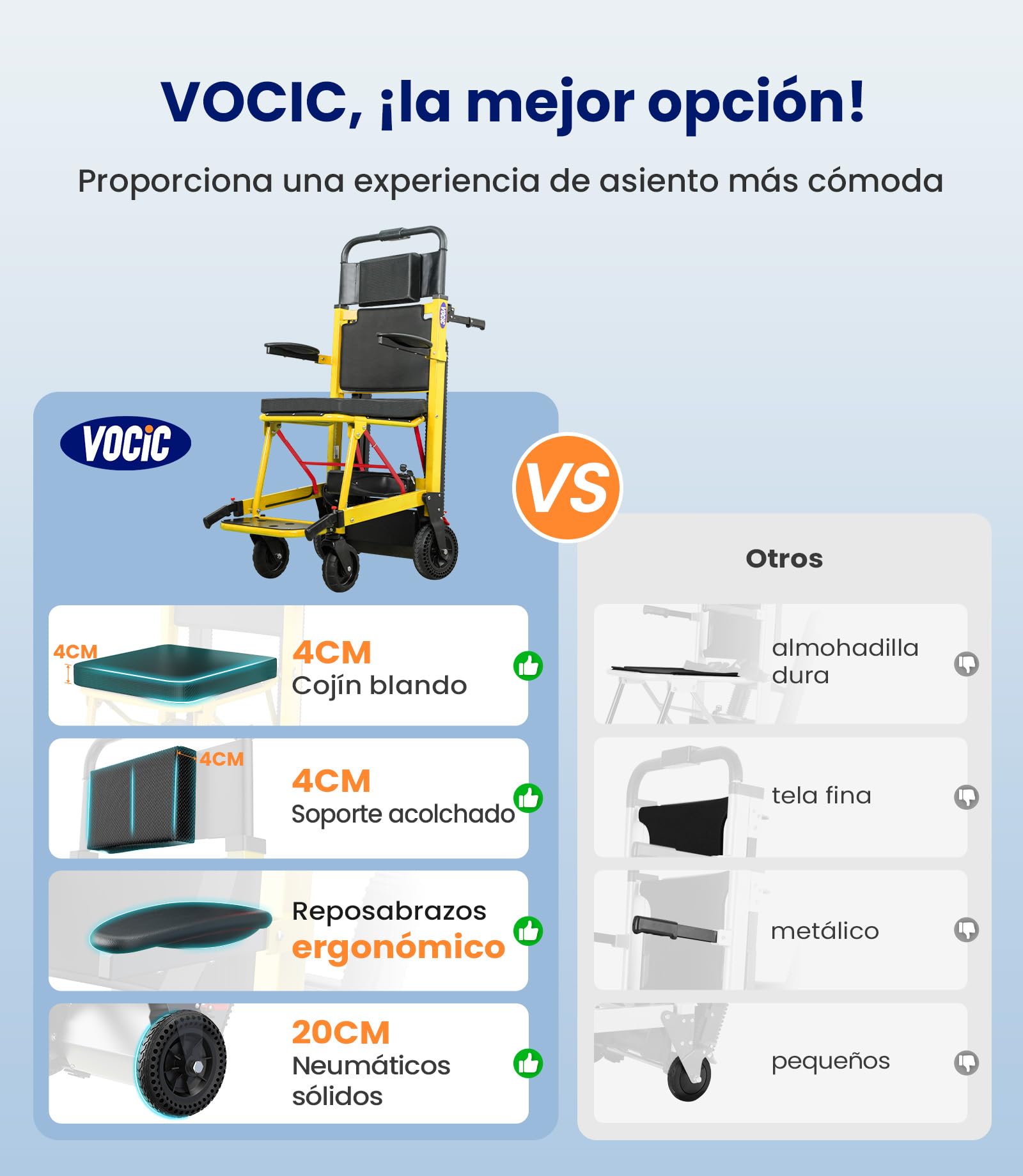 VOCIC AY04 Silla de ruedas eléctrica para subir escaleras, 220 kg | Alta capacidad de carga, con cadena de goma, para personas mayores, con luz LED (amarillo)