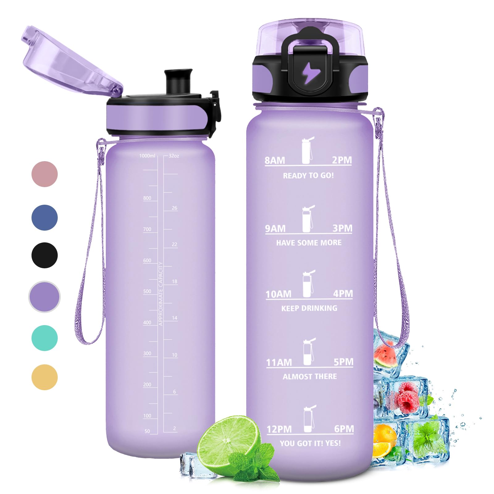 KollyKolla Borraccia 500ml/1L/1.5L,Palestra a Prova di Perdite,Motivazionale con Filtro, Bottiglia d'acqua Sportiva con Indicatore del Tempo, Borraccia per Bambino, Bambina, Sport, Scuola