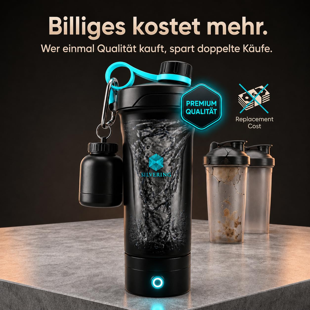 Silvering Bottiglia shaker elettrica per proteine in polvere e pre-allenamento, ricaricabile, con cavo USB-C, frullatore ricaricabile, senza BPA, 650 ml, colore: turchese