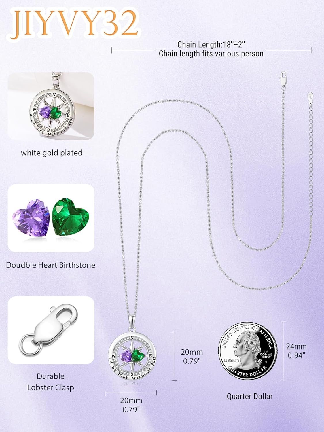 Compass Necklace for Women, Exquisite S925 Valentines Day Anniversary Birthday Gifts for Wife Her Double Birthstone Pendant Jewelry ‘I'd be Lost Without You’ - Image 2