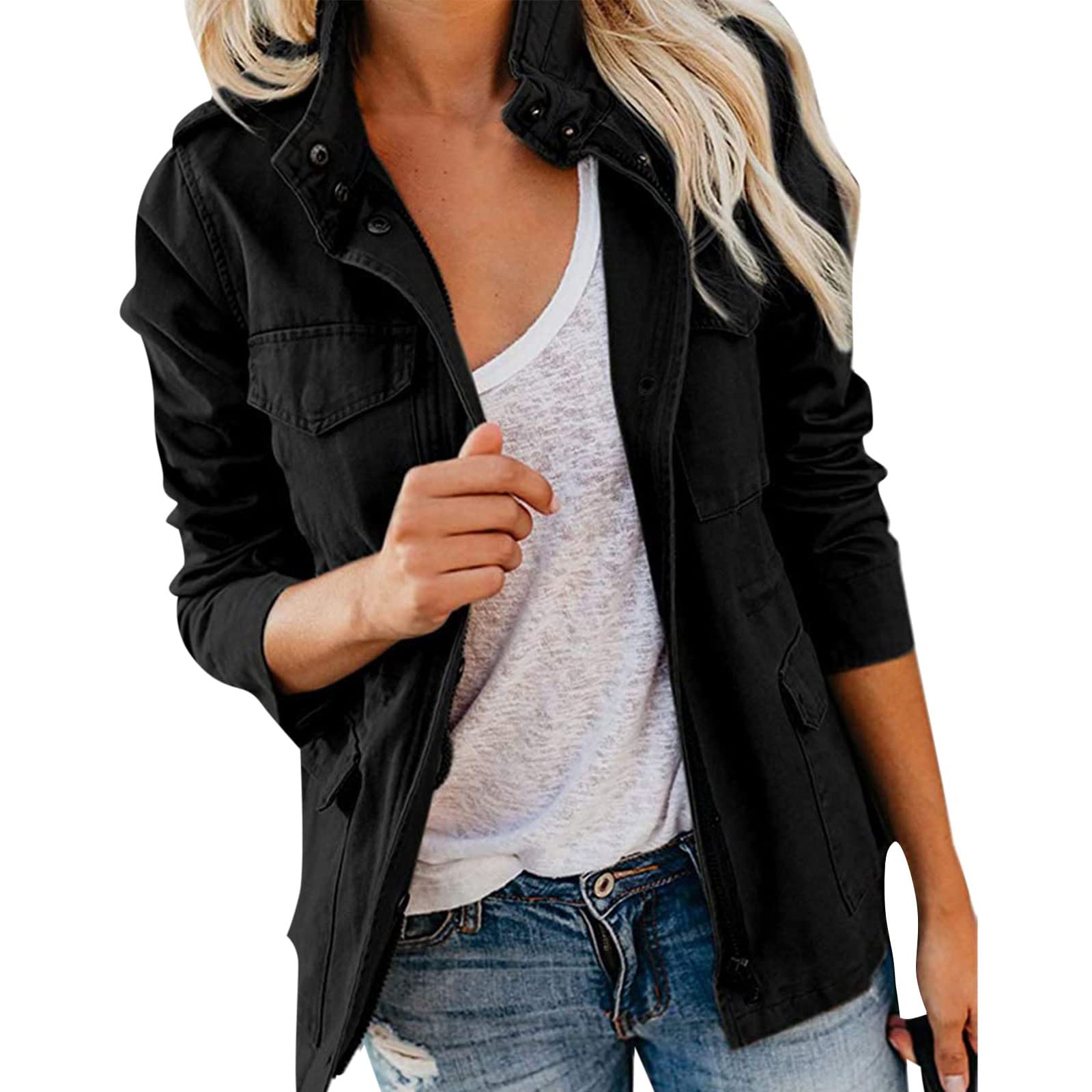 Chaquetas anorak militares informales para mujer, ligeras, estilo safari, con cremallera y bolsillos, para primavera y otoño