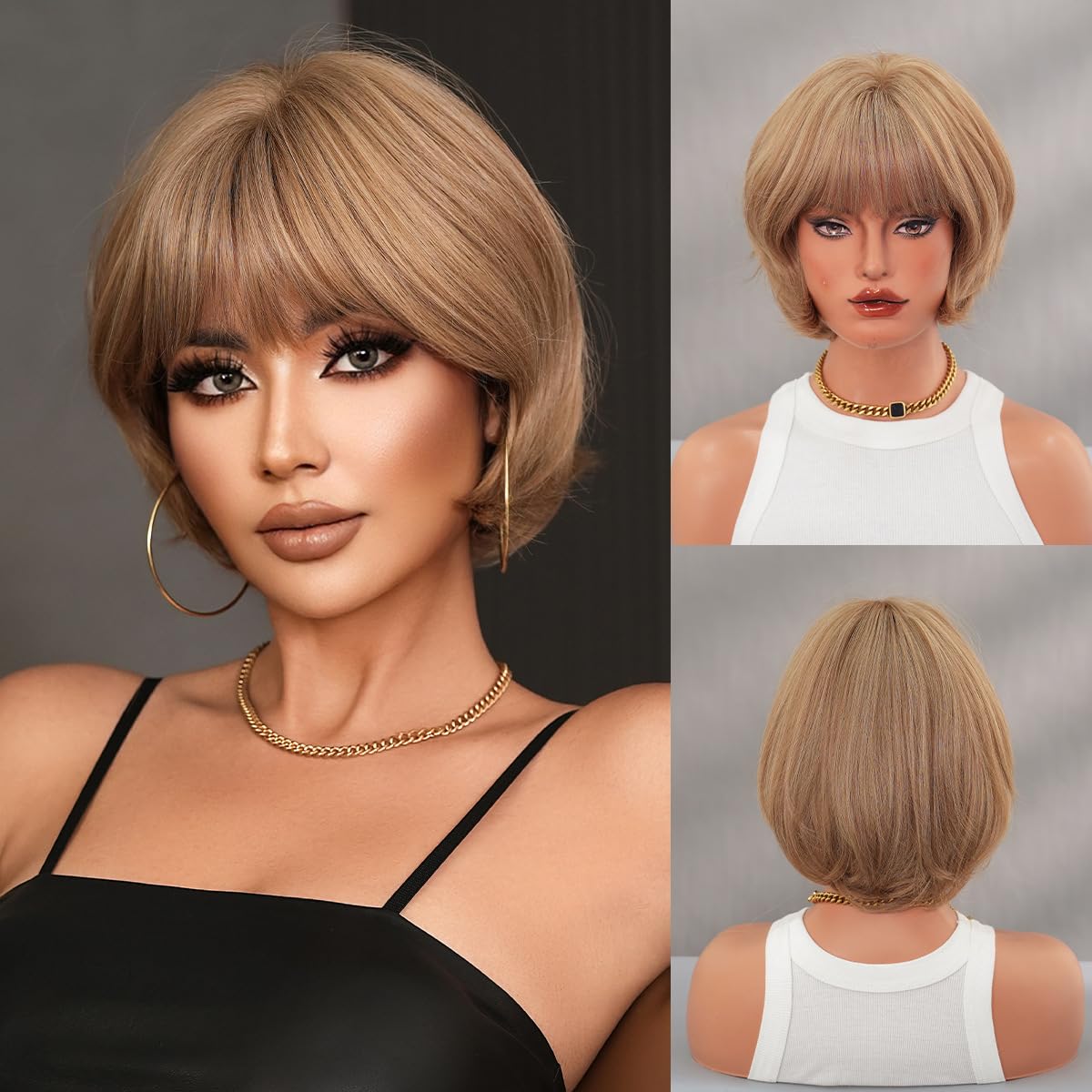 Women Layered Short Bob Human Hair Wigs Flaxen Brown With Full Bangs Lightweight Breathable Glueless For Daily Use (Flaxen Brown)