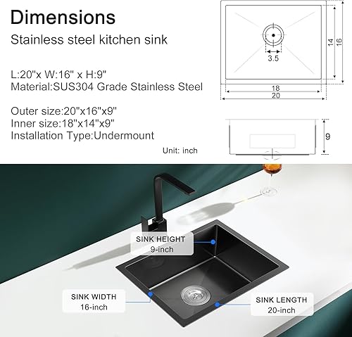 Vista 62 de MENATT Fregadero de cocina de 20 pulgadas, acero inoxidable SUS304 hecho a mano, fregadero de cocina con colador de fregadero (cepillado), 20 x 16 x