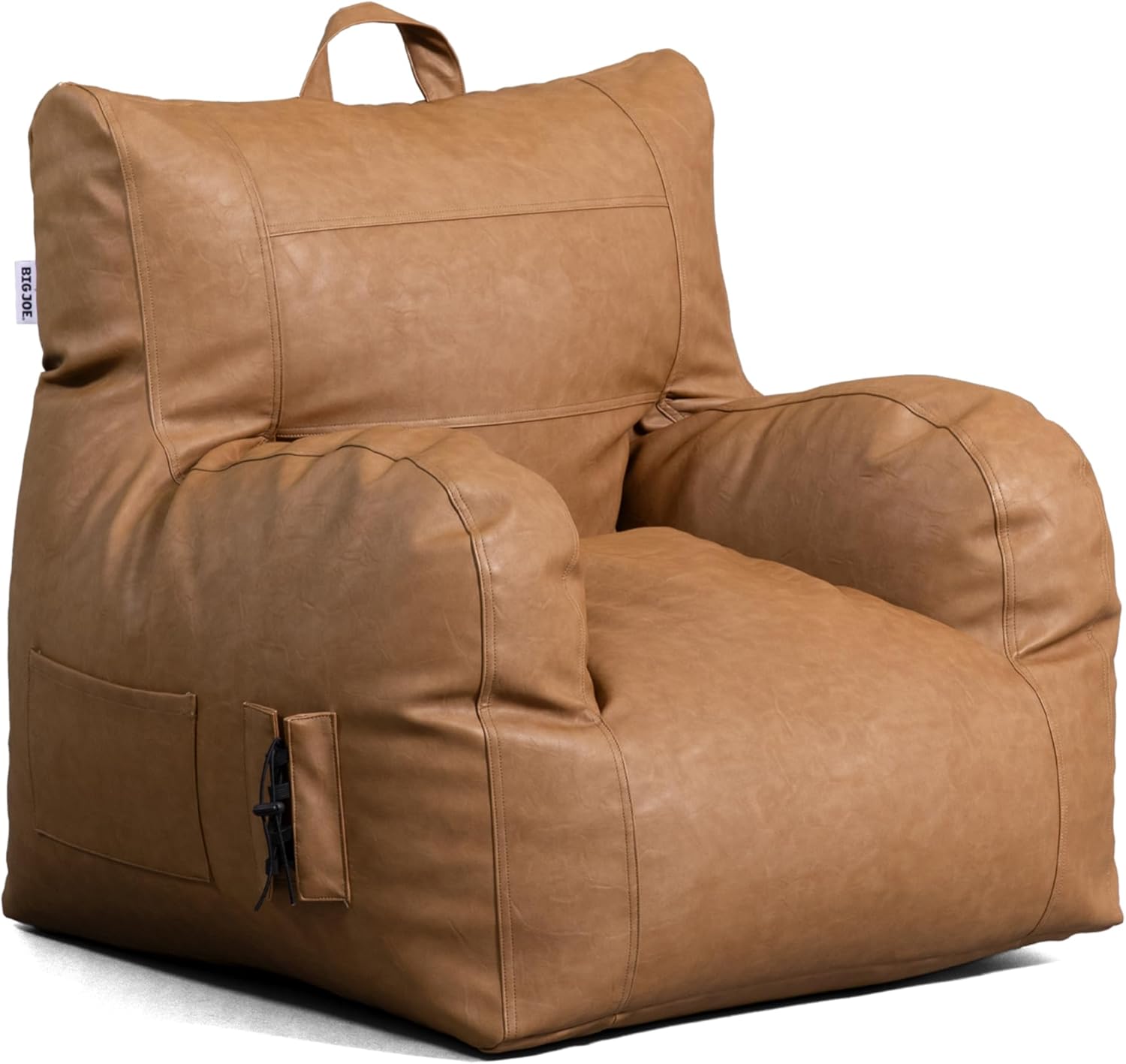 Big Joe Dorm Bean Bag Chair with Drink Holder and Pocket, Caramel Vegan Leather, Kids and Teens, 3 feet