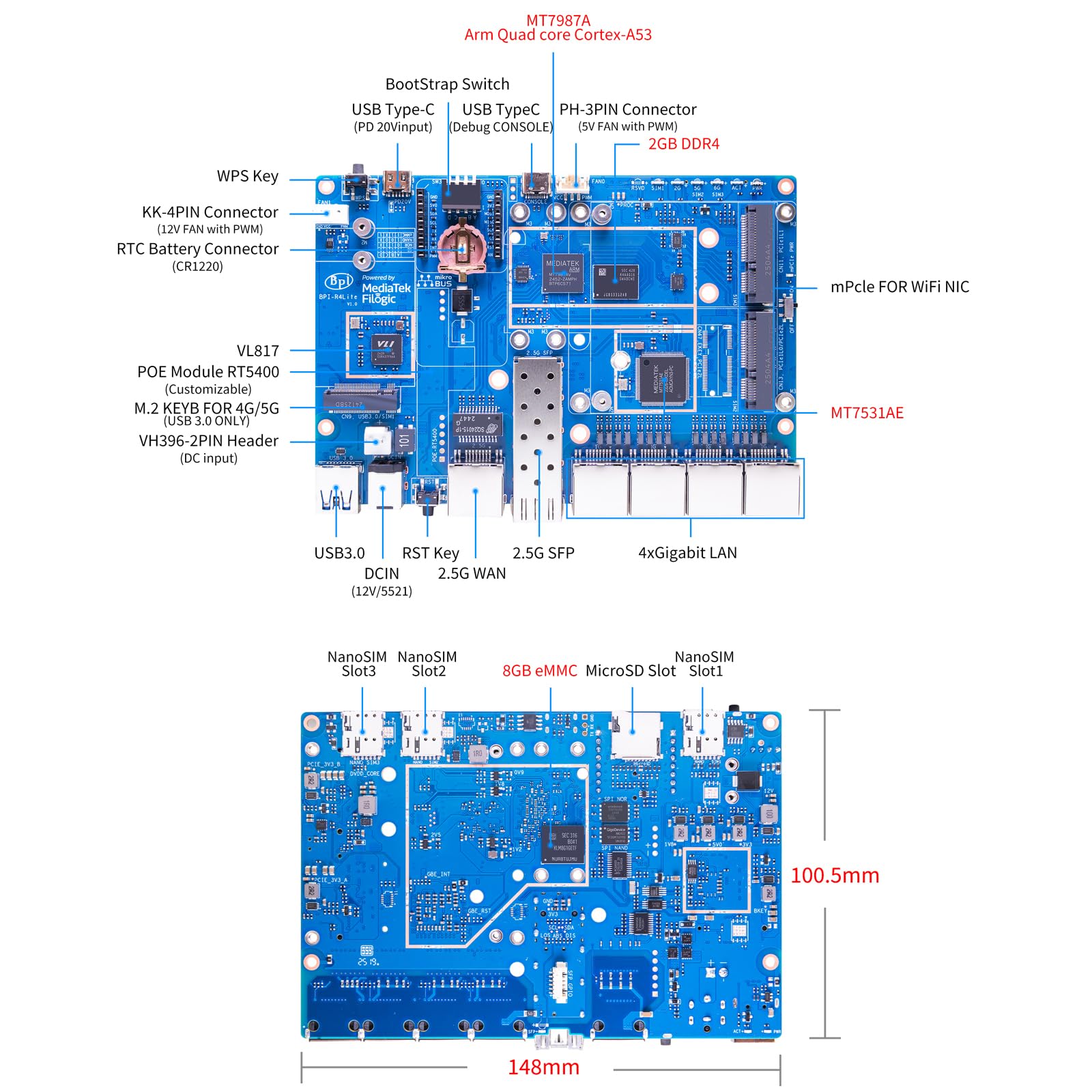 Banana Pi BPI-R4 Lite WiFi 7 Routeur Dev Board Kit OpenWRT - MediaTek MT7987A SoC - 2 Go DDR4 RAM 8 Go eMMC - 1 x 2,5 G SFP RJ45 WAN - 4 x GbE Gigabit Ethernet pour NAS Smart Home Gateway (2 Go DDR4