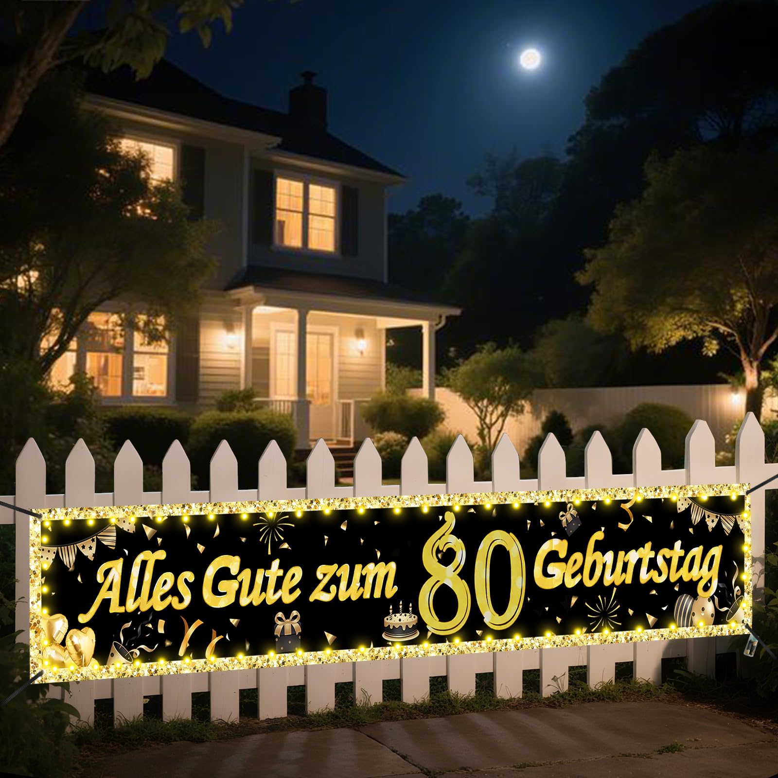 Seutgjie Deko Banners mit LED Lichtband für Frauen Männer 40 * 270CM Hintergrund Dekoration Gold Schwarz