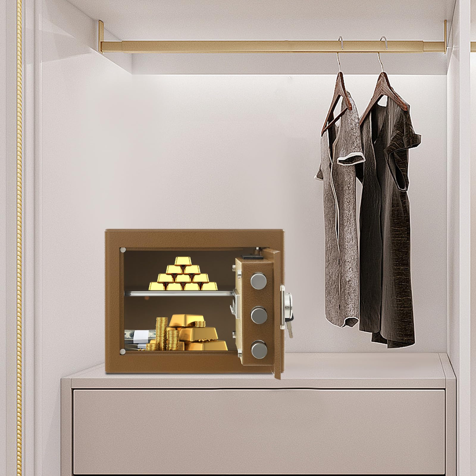 Caja fuerte para muebles con llave, cerradura de combinación, caja fuerte y taquilla, caja fuerte para el hogar, oficina, joyas, consumo de dinero en efectivo, almacenamiento (color café)